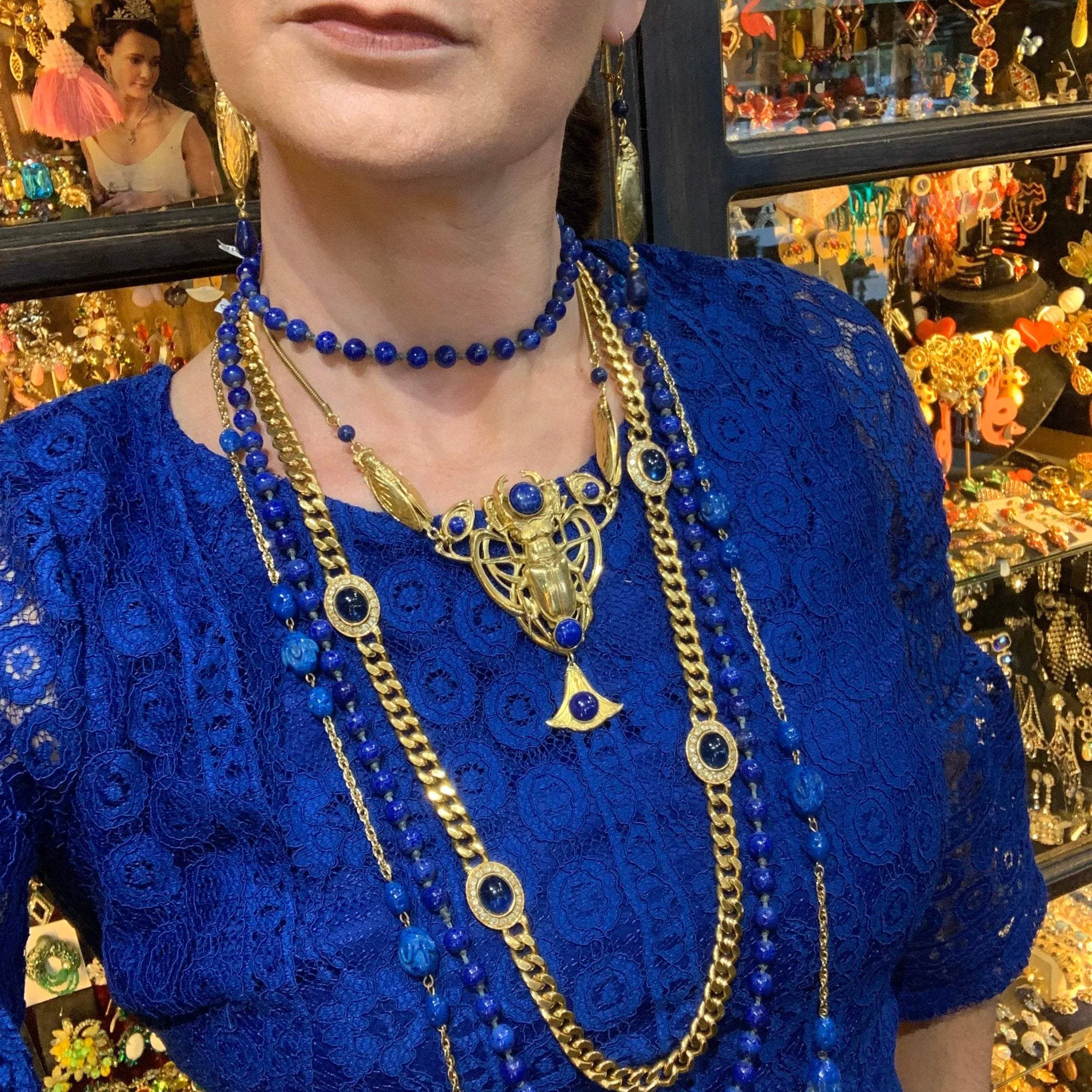 Egyptian Revival Scarab Necklace Art Nouveau Lapis Lazuli