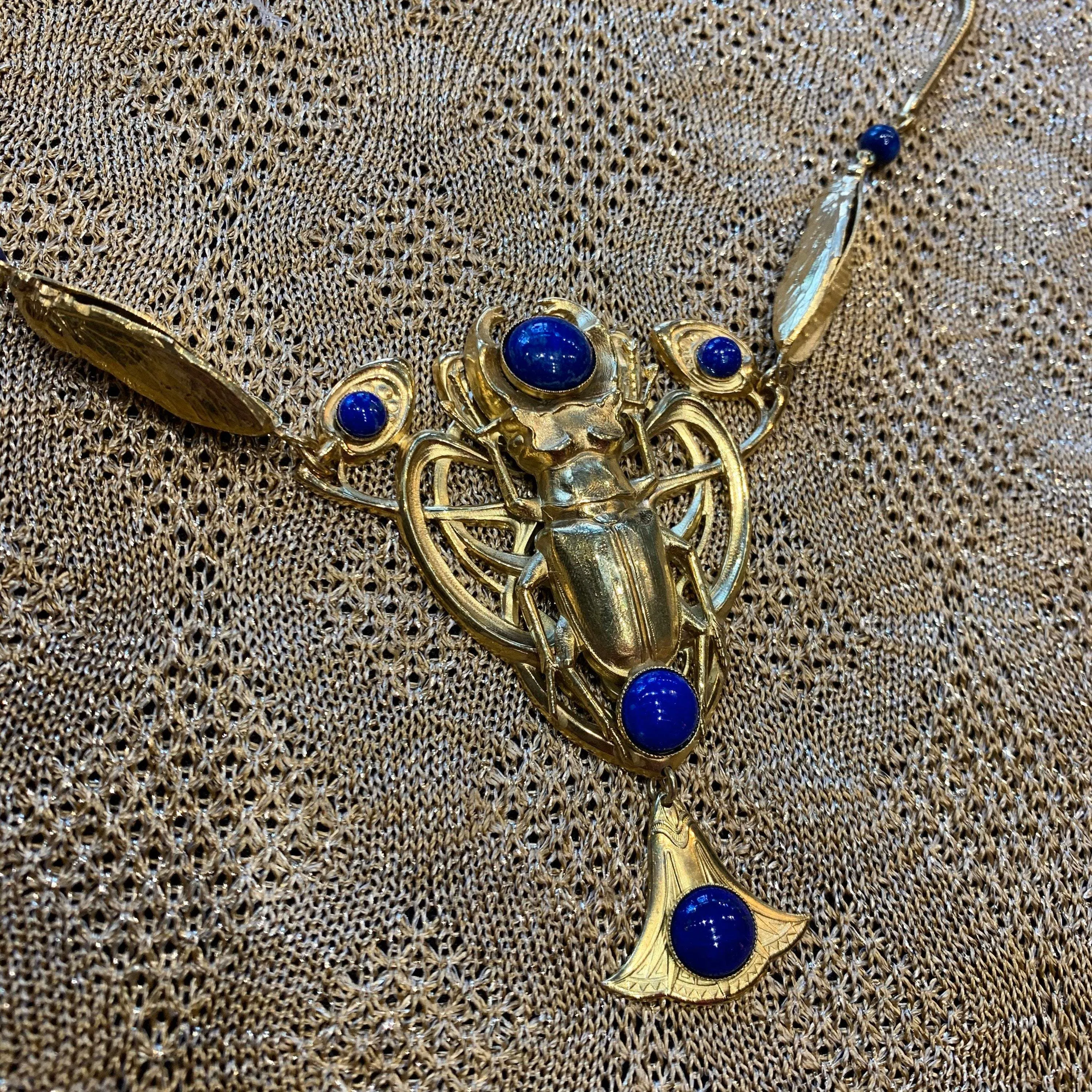Egyptian Revival Scarab Necklace Art Nouveau Lapis Lazuli