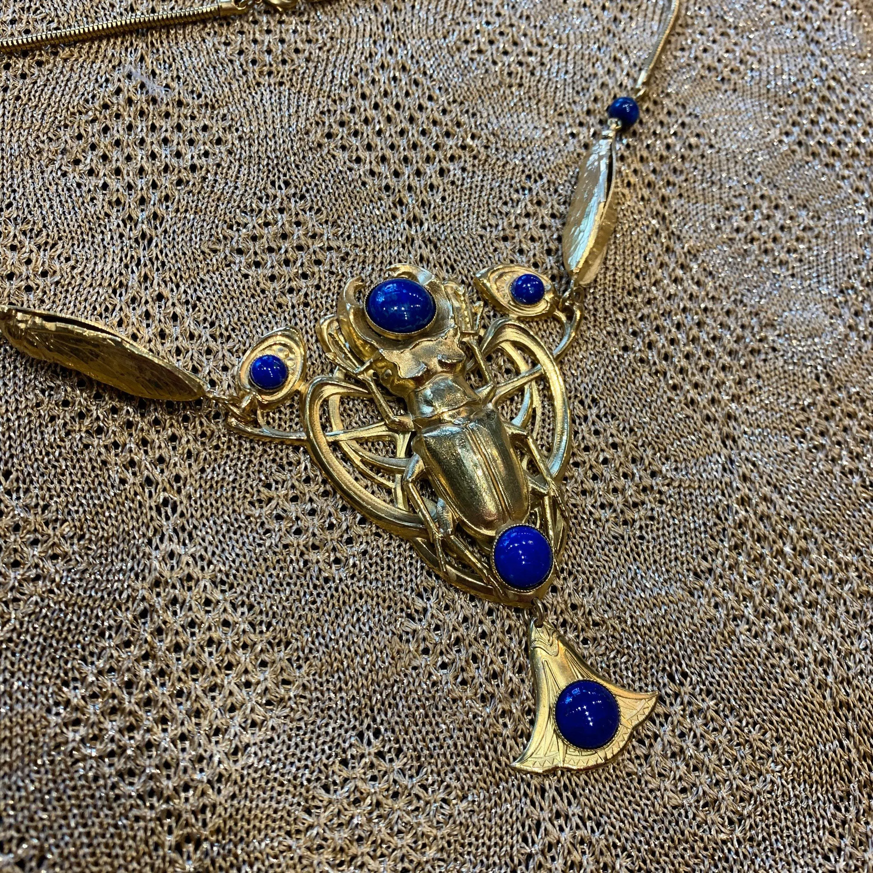 Egyptian Revival Scarab Necklace Art Nouveau Lapis Lazuli