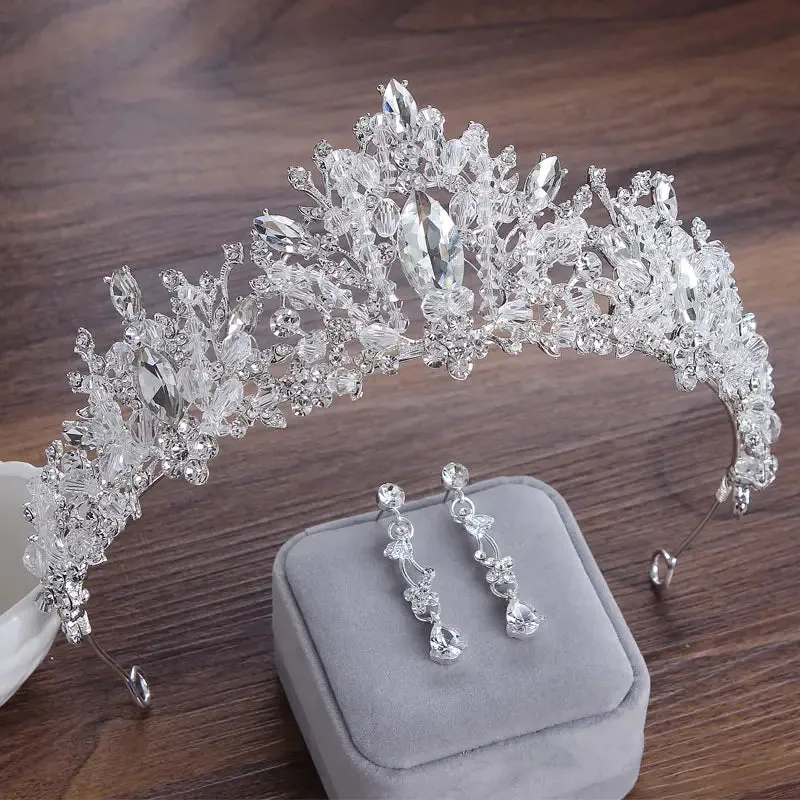 Elegant Crystal 3 PC Bridal Jewelry Set with Crown Tiara and Hair Accessories