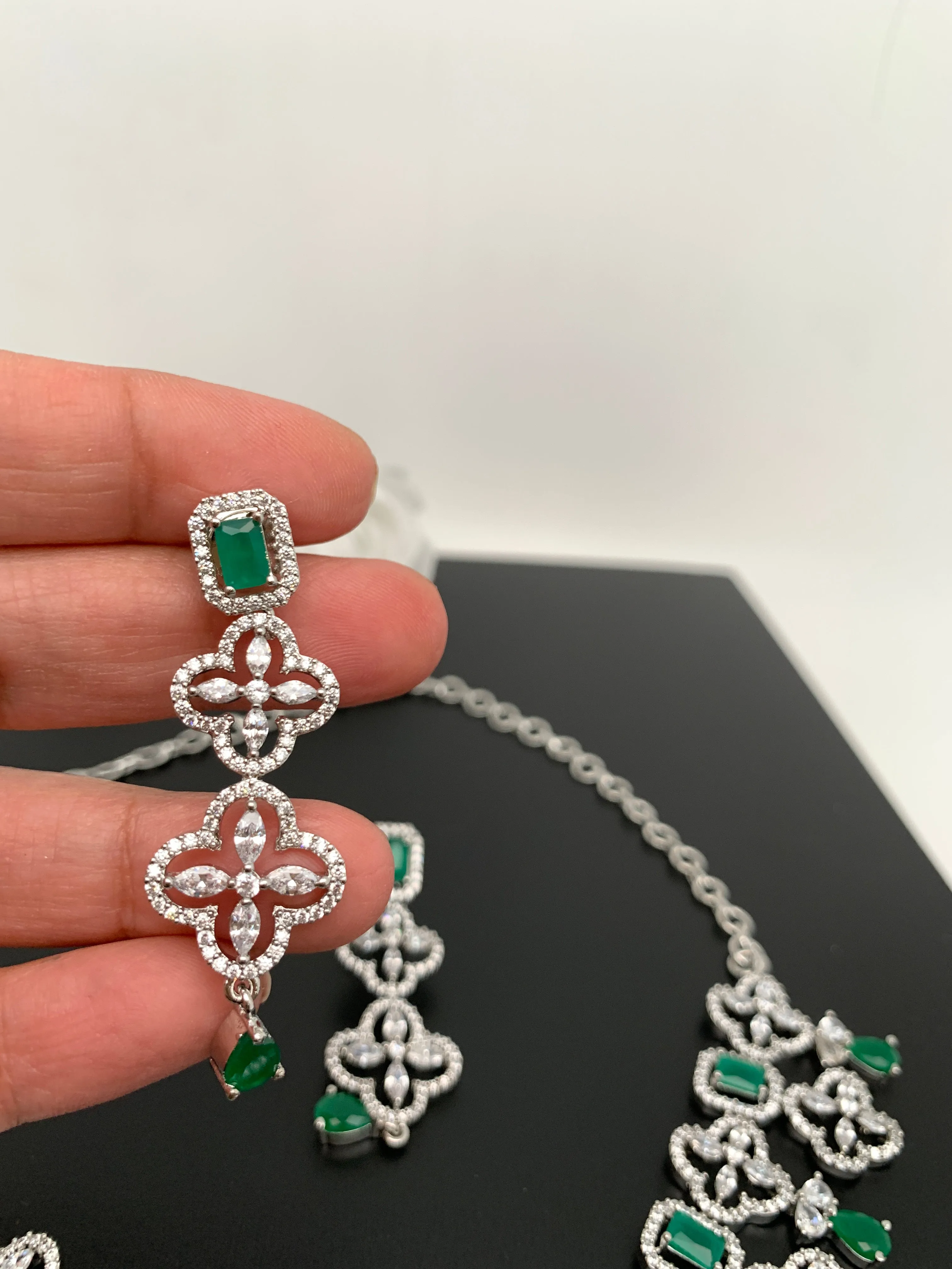 Emrald Green Stone American Diamond Short Necklace in Silver Polish