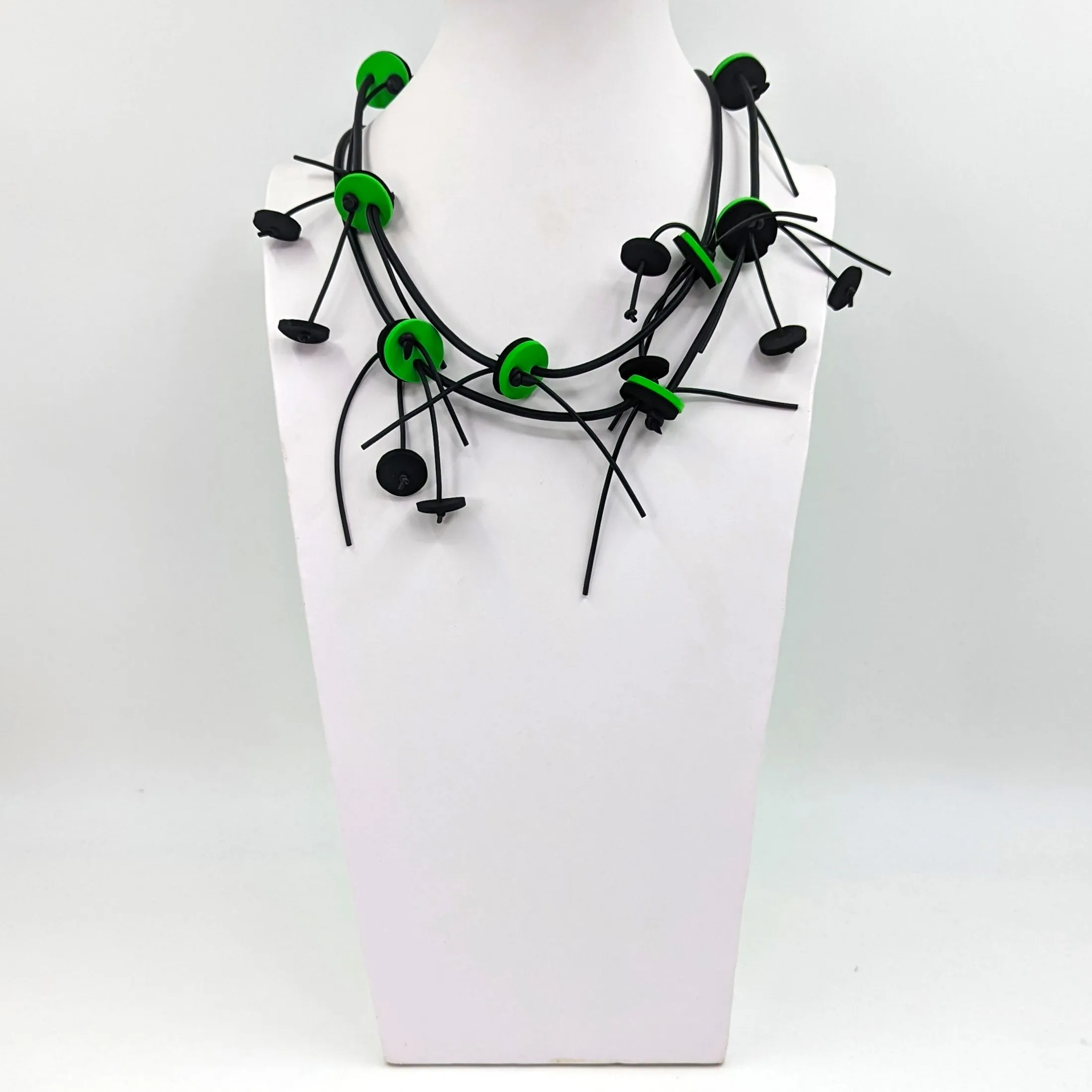 Extra long neoprene necklace with discs and strands