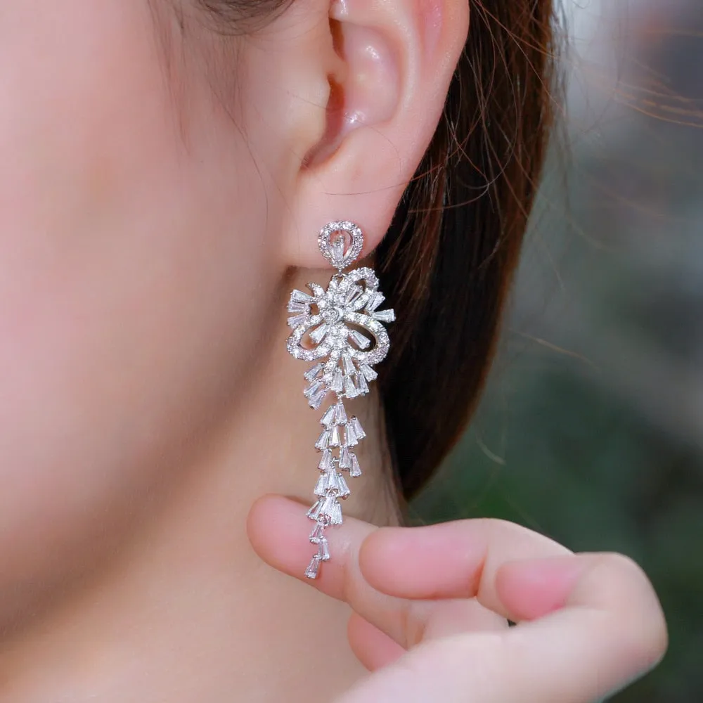 Geometric White Cubic Zirconia Dangle Tassel Drop Long Earrings for Formal Events
