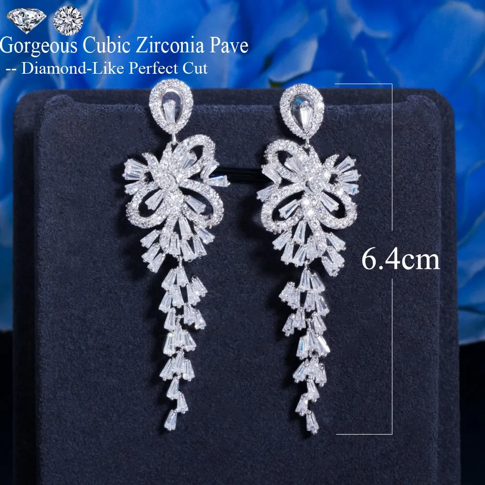 Geometric White Cubic Zirconia Dangle Tassel Drop Long Earrings for Formal Events