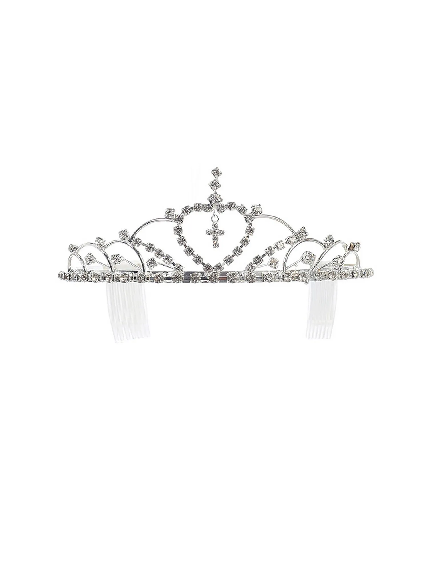 Girls Silver Tone Crystal Adorned Center Cross Accent Flower Girl Pageant Tiara