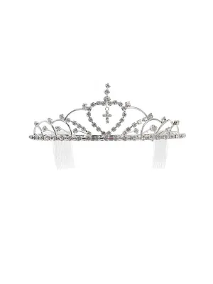 Girls Silver Tone Crystal Adorned Center Cross Accent Flower Girl Pageant Tiara