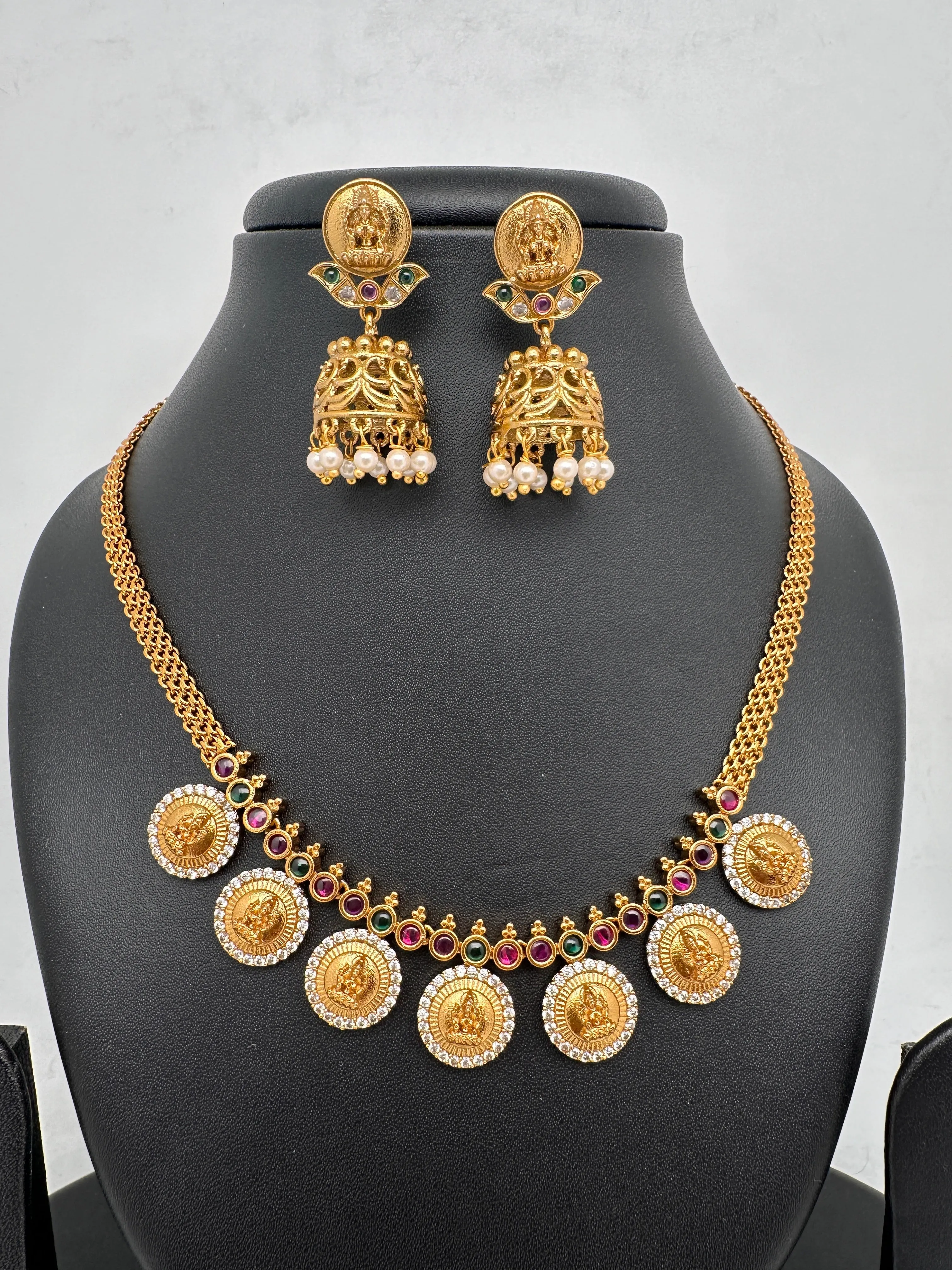 Goddess Lakshmi CZ Red Green Stone Chain Style Dainty Necklace