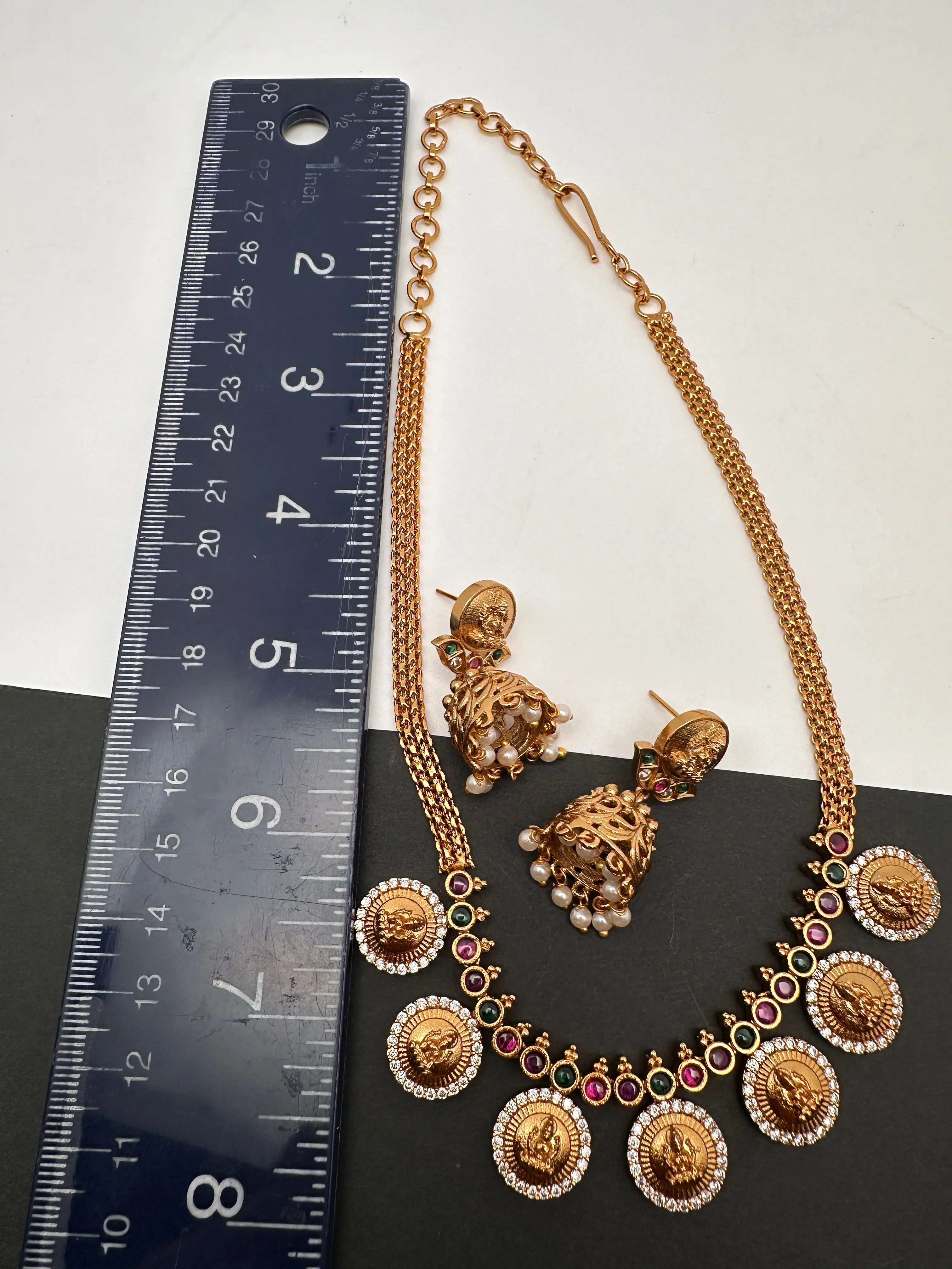 Goddess Lakshmi CZ Red Green Stone Chain Style Dainty Necklace