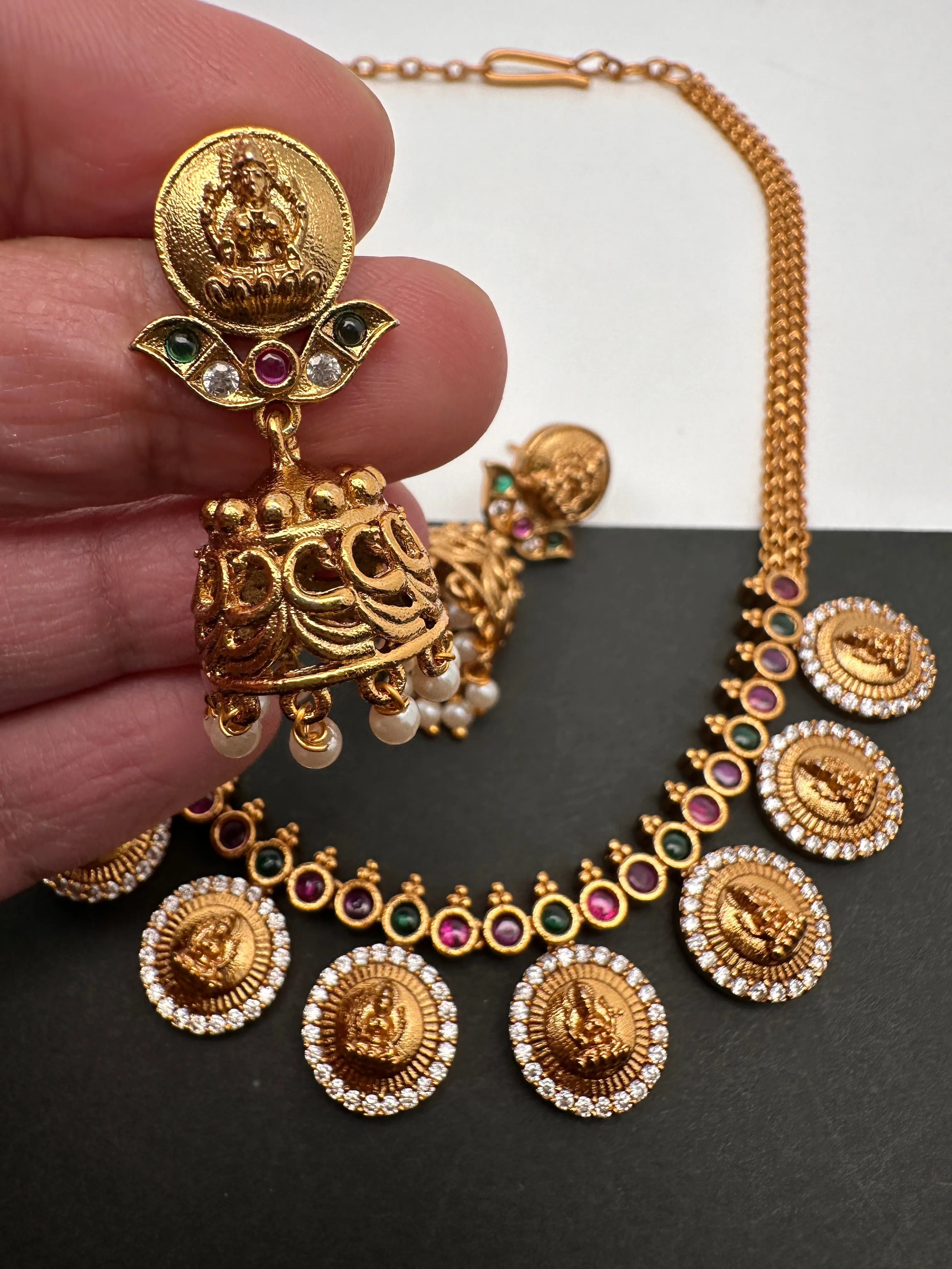 Goddess Lakshmi CZ Red Green Stone Chain Style Dainty Necklace