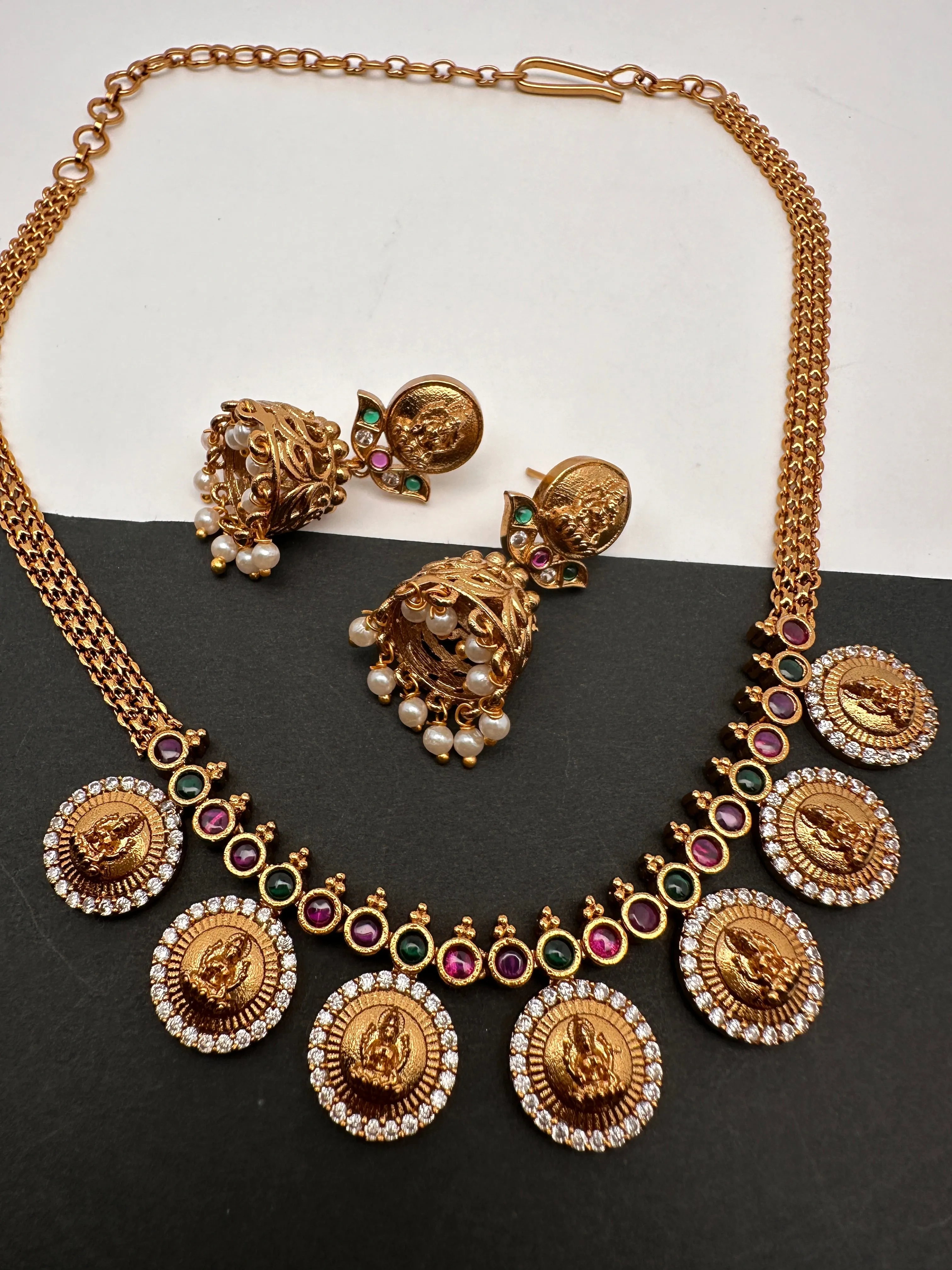 Goddess Lakshmi CZ Red Green Stone Chain Style Dainty Necklace