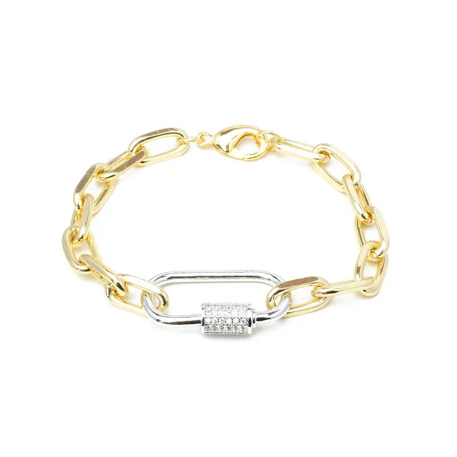 Gold Linked Chain Bracelet with Silver CZ Station