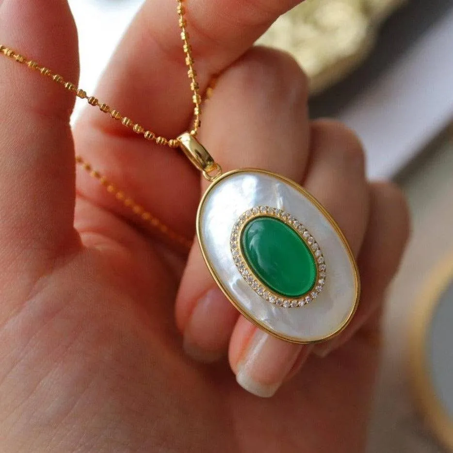 Green Onyx Mother of Pearls Pendant Necklace Gold Vermeil