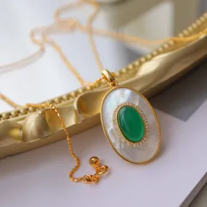 Green Onyx Mother of Pearls Pendant Necklace Gold Vermeil