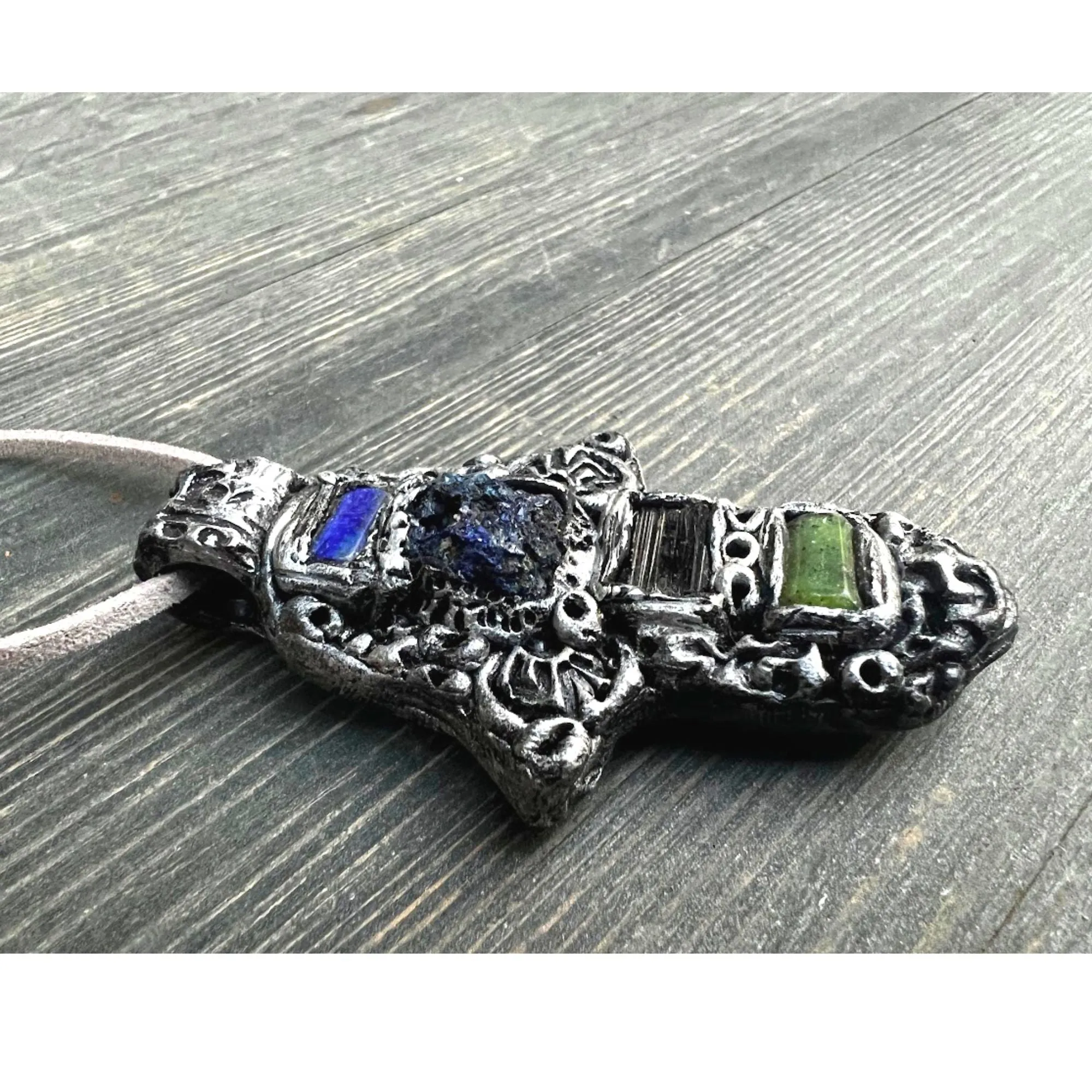 Hamsa necklace, raw crystal necklace, Azurite, black Tourmaline, Jade, Lapis Lazuli pendant