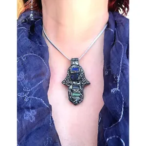 Hamsa necklace, raw crystal necklace, Azurite, black Tourmaline, Jade, Lapis Lazuli pendant