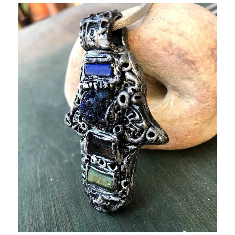 Hamsa necklace, raw crystal necklace, Azurite, black Tourmaline, Jade, Lapis Lazuli pendant