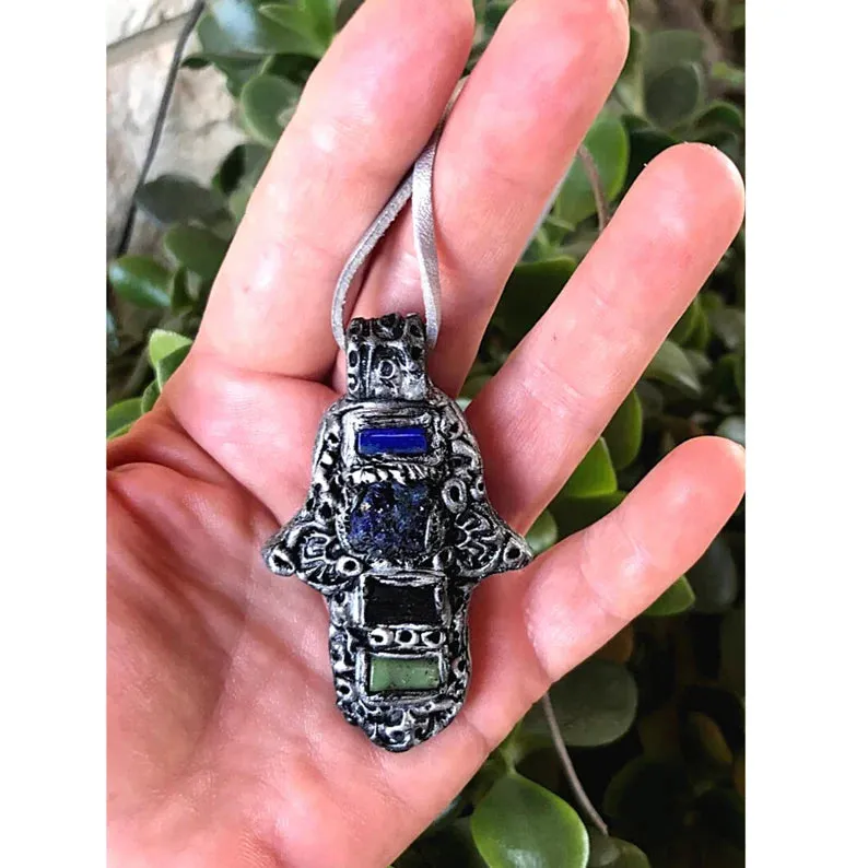 Hamsa necklace, raw crystal necklace, Azurite, black Tourmaline, Jade, Lapis Lazuli pendant