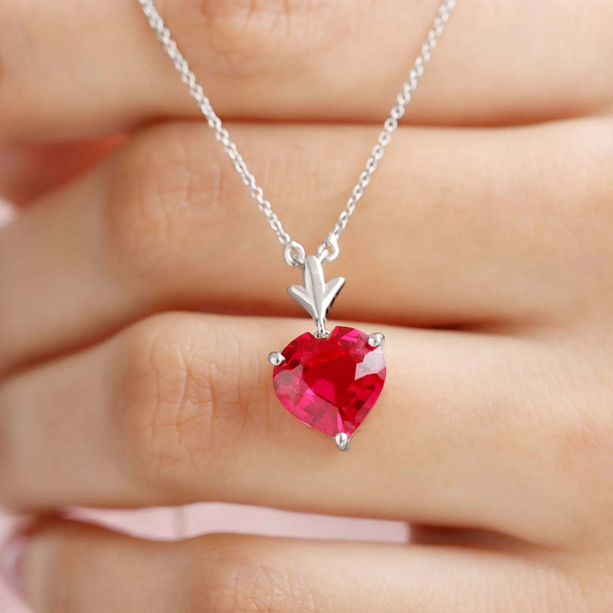 Heart Shape Lab Grown Ruby Solitaire Necklace