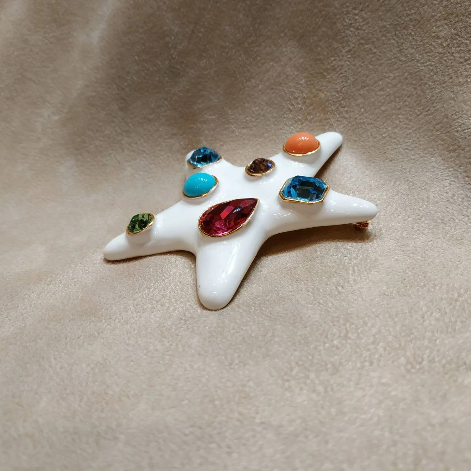Kenneth Jay Lane Starfish Brooch White Enamel Coral Turquiose Large Statement