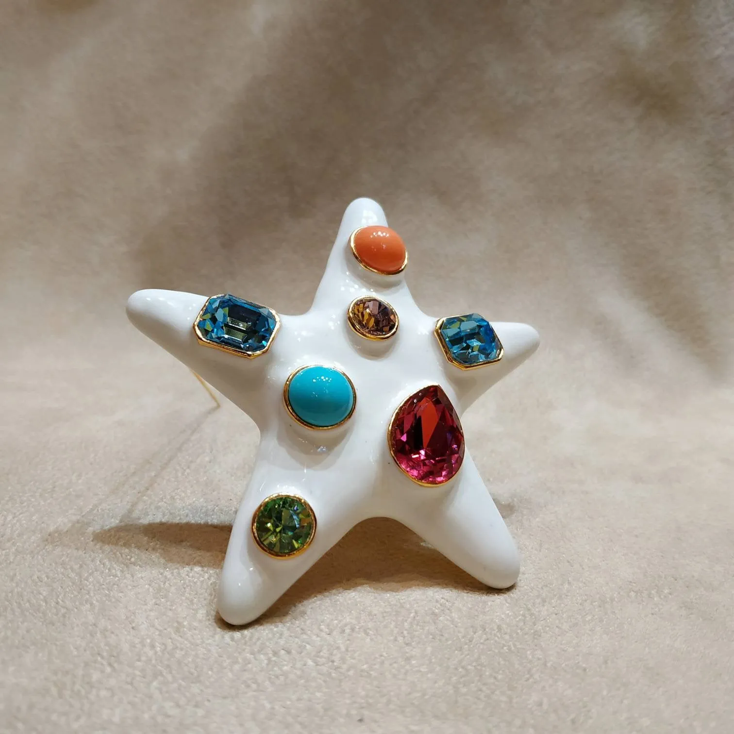 Kenneth Jay Lane Starfish Brooch White Enamel Coral Turquiose Large Statement