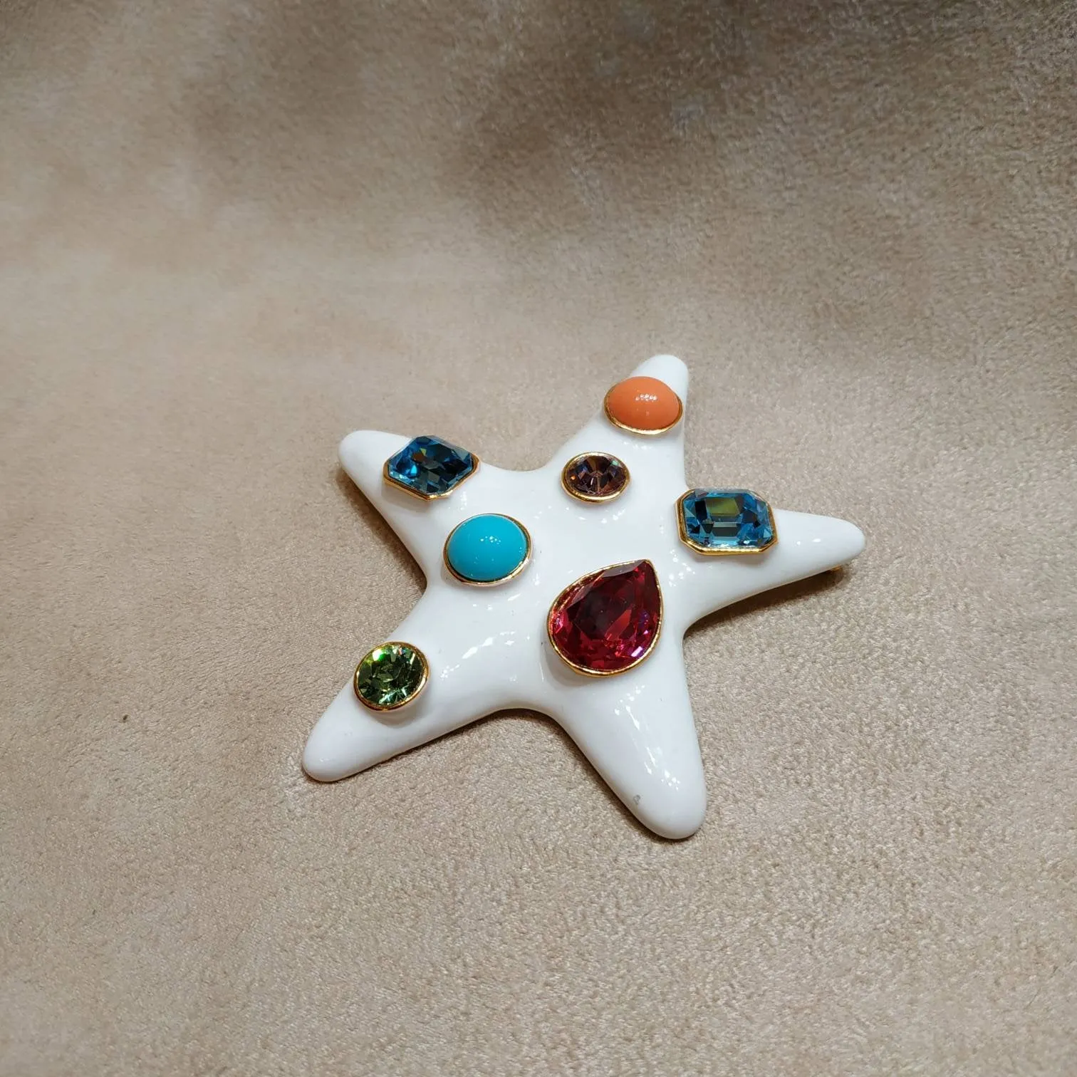 Kenneth Jay Lane Starfish Brooch White Enamel Coral Turquiose Large Statement