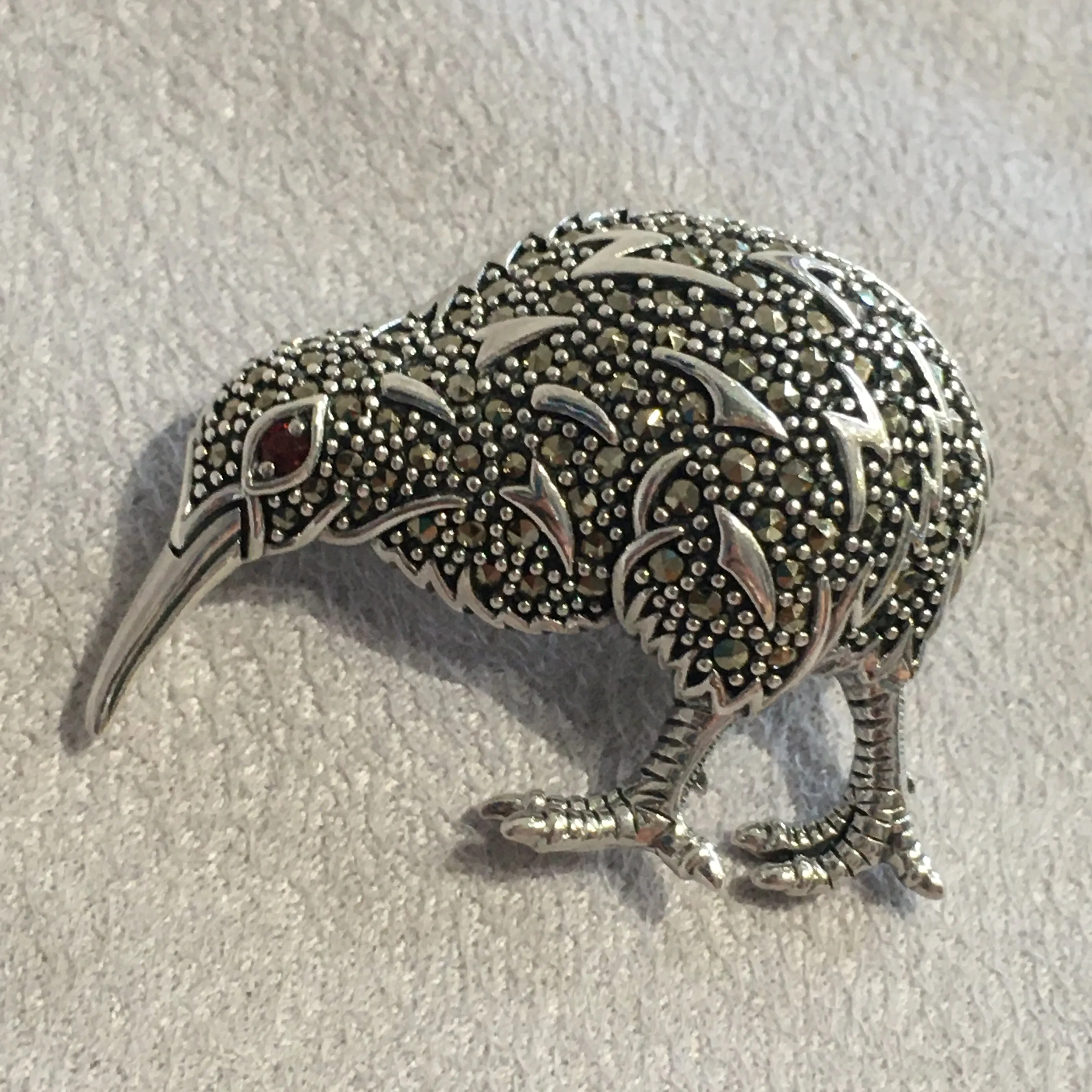 Kiwi Brooch Silver Marcasite Pendant Necklace
