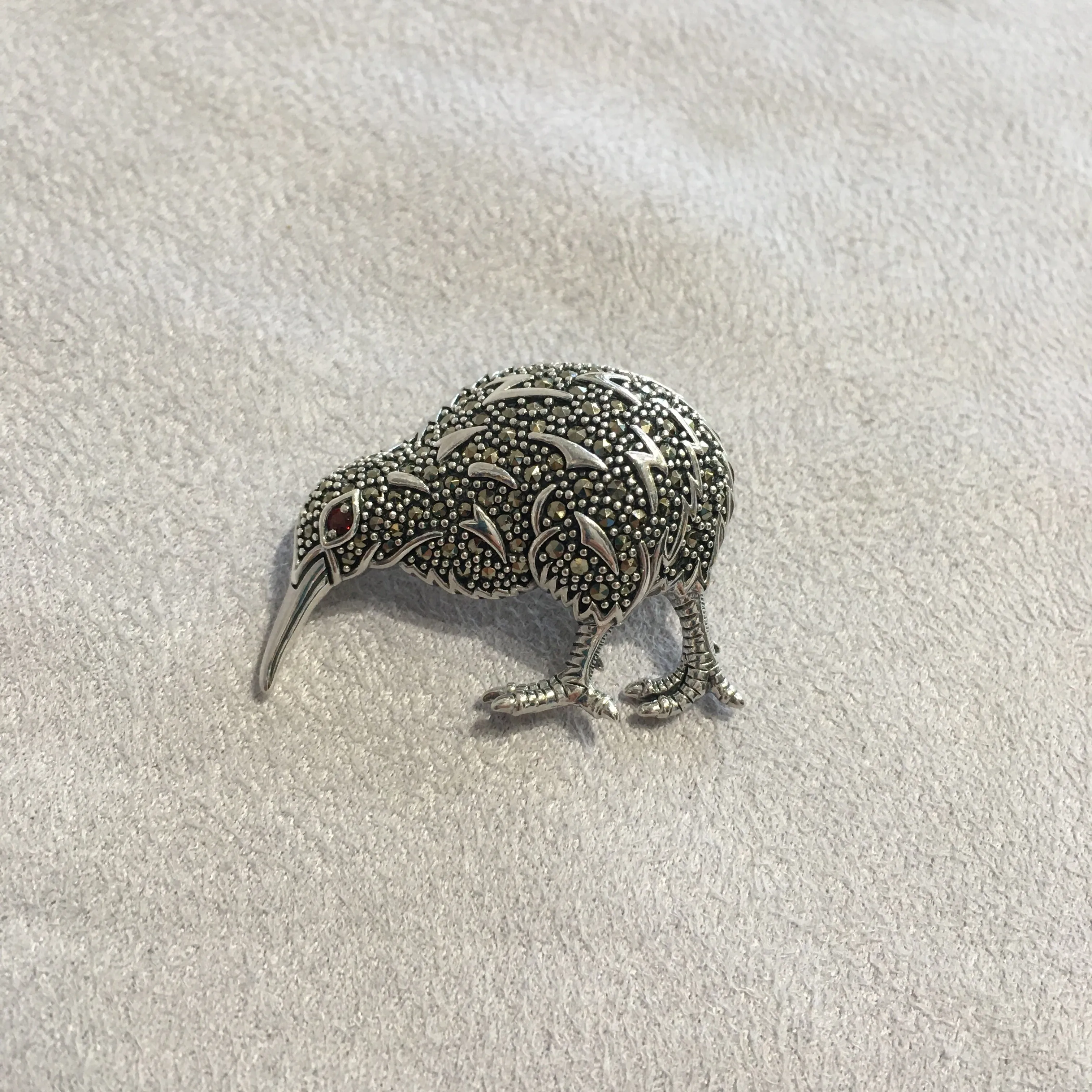 Kiwi Brooch Silver Marcasite Pendant Necklace