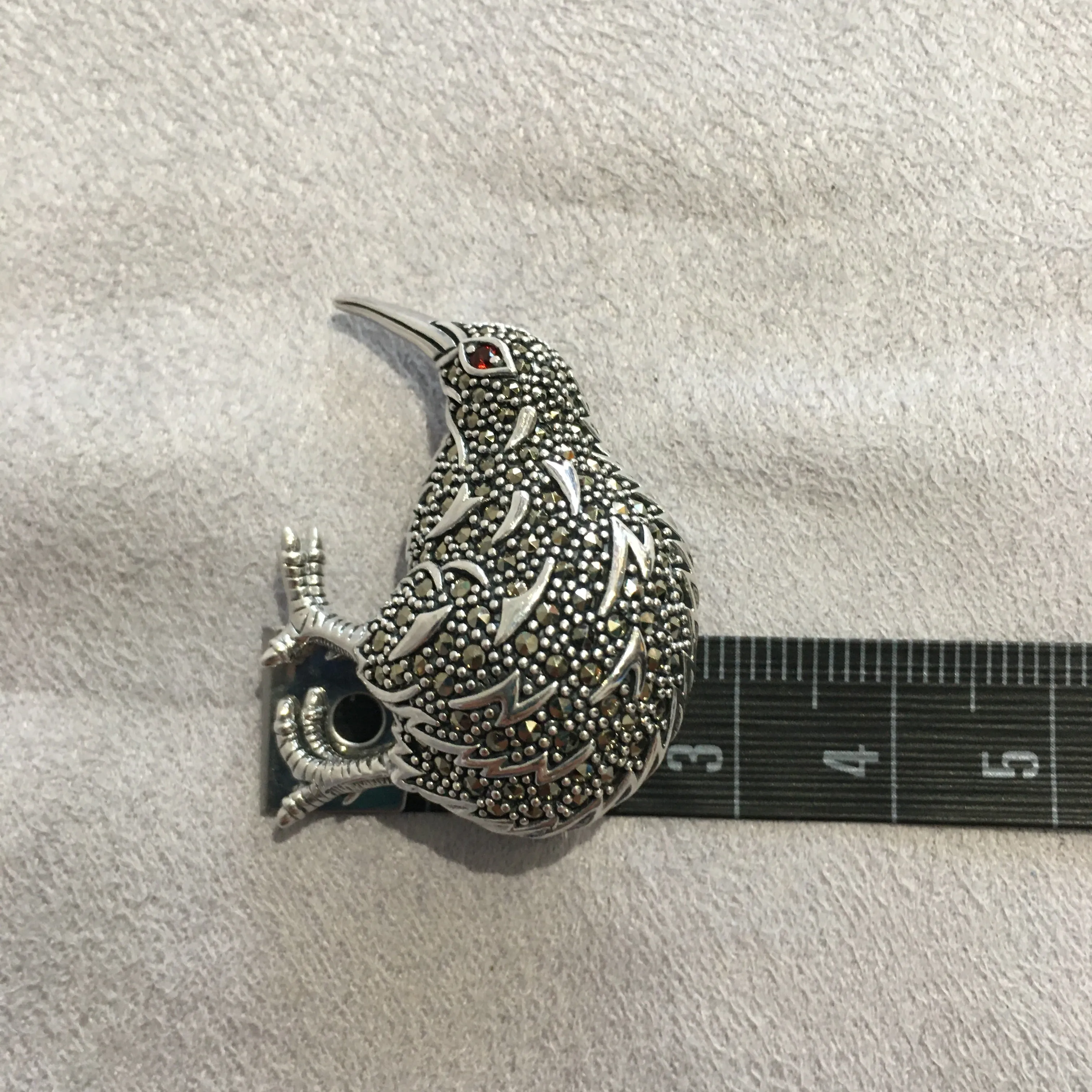 Kiwi Brooch Silver Marcasite Pendant Necklace