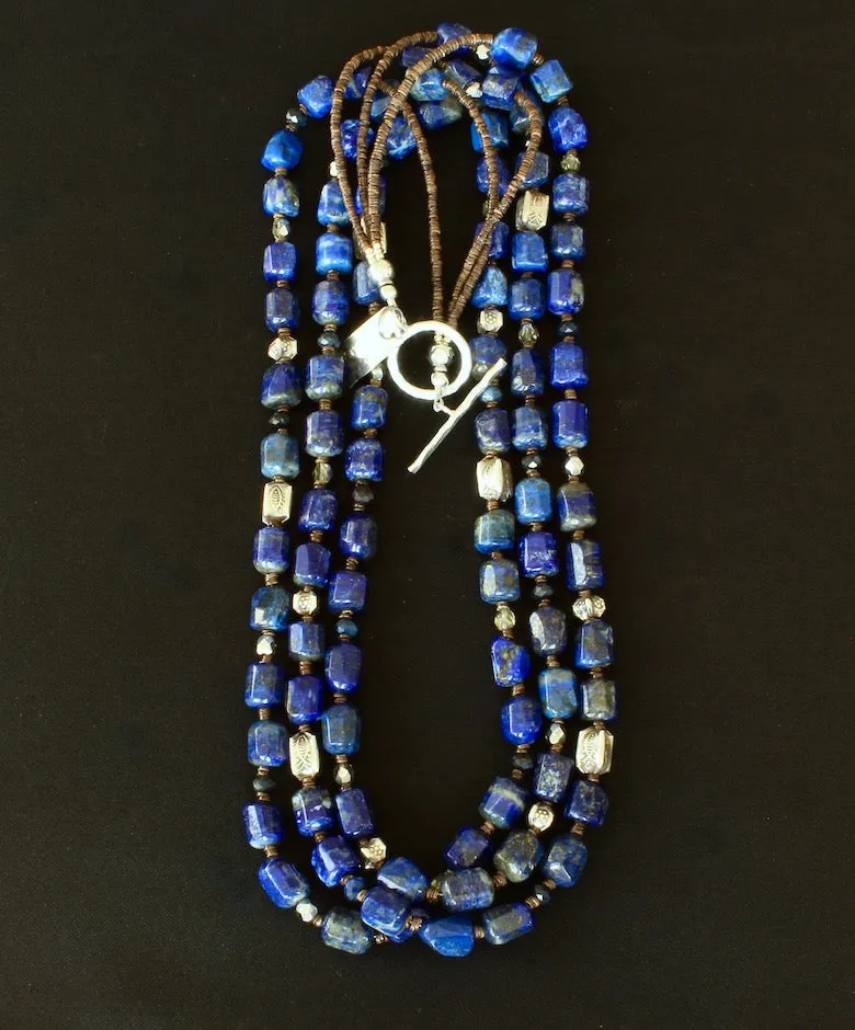 Lapis Lazuli Faceted Cylinder Bead 3-Strand Necklace with Hill Tribe Silver, Olive Shell Heishi, Fire Polished Glass and Sterling