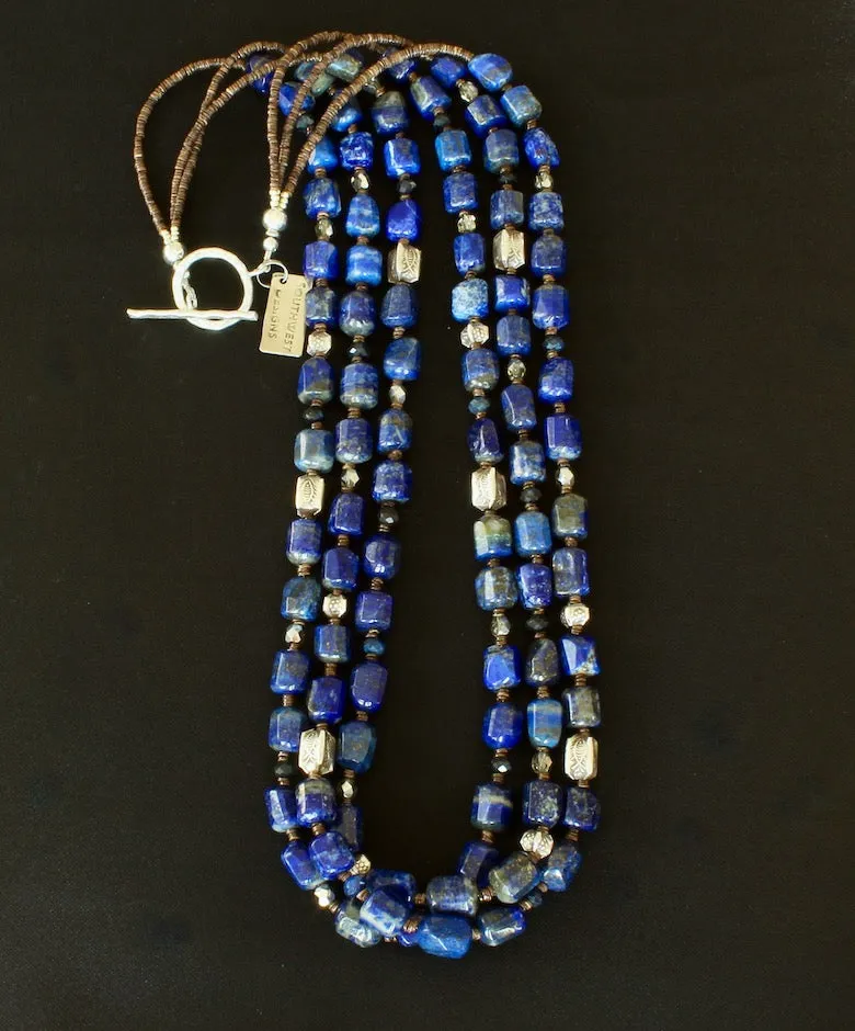 Lapis Lazuli Faceted Cylinder Bead 3-Strand Necklace with Hill Tribe Silver, Olive Shell Heishi, Fire Polished Glass and Sterling