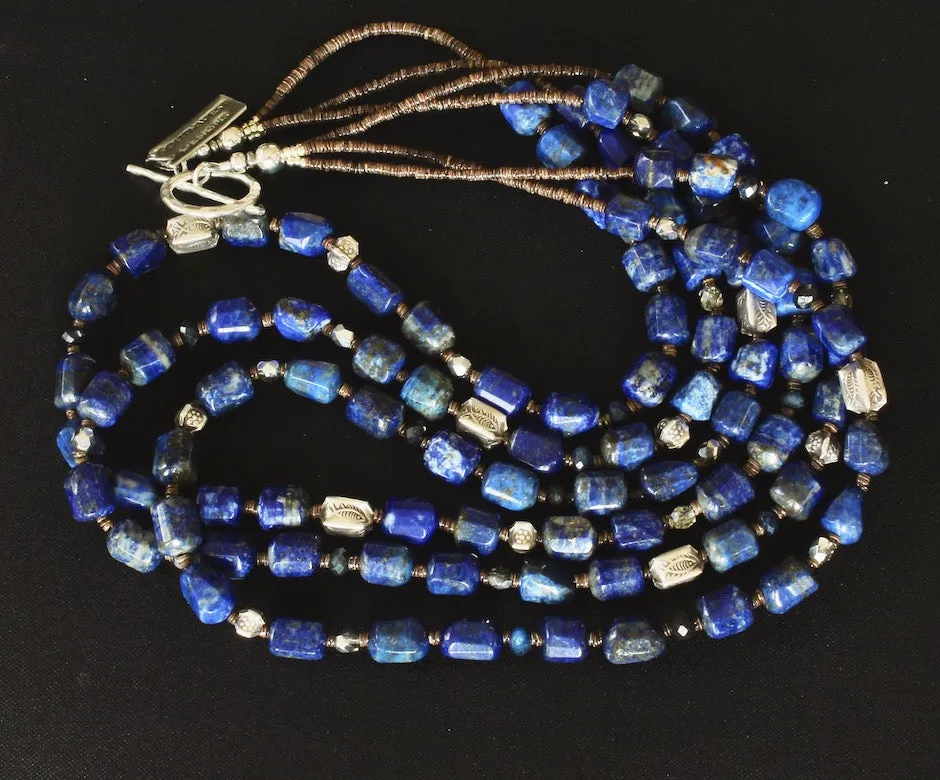 Lapis Lazuli Faceted Cylinder Bead 3-Strand Necklace with Hill Tribe Silver, Olive Shell Heishi, Fire Polished Glass and Sterling