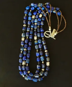 Lapis Lazuli Faceted Cylinder Bead 3-Strand Necklace with Hill Tribe Silver, Olive Shell Heishi, Fire Polished Glass and Sterling