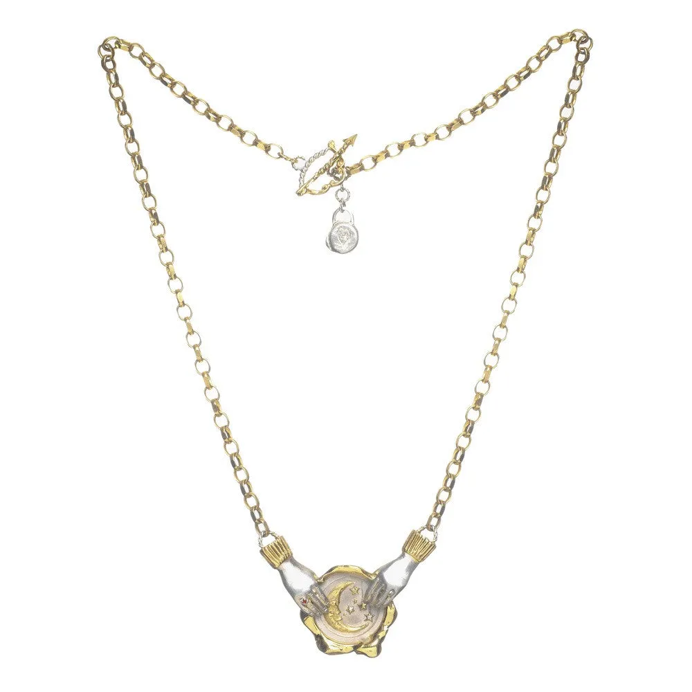 Large Moon Seal Necklace with Dancing Hands
