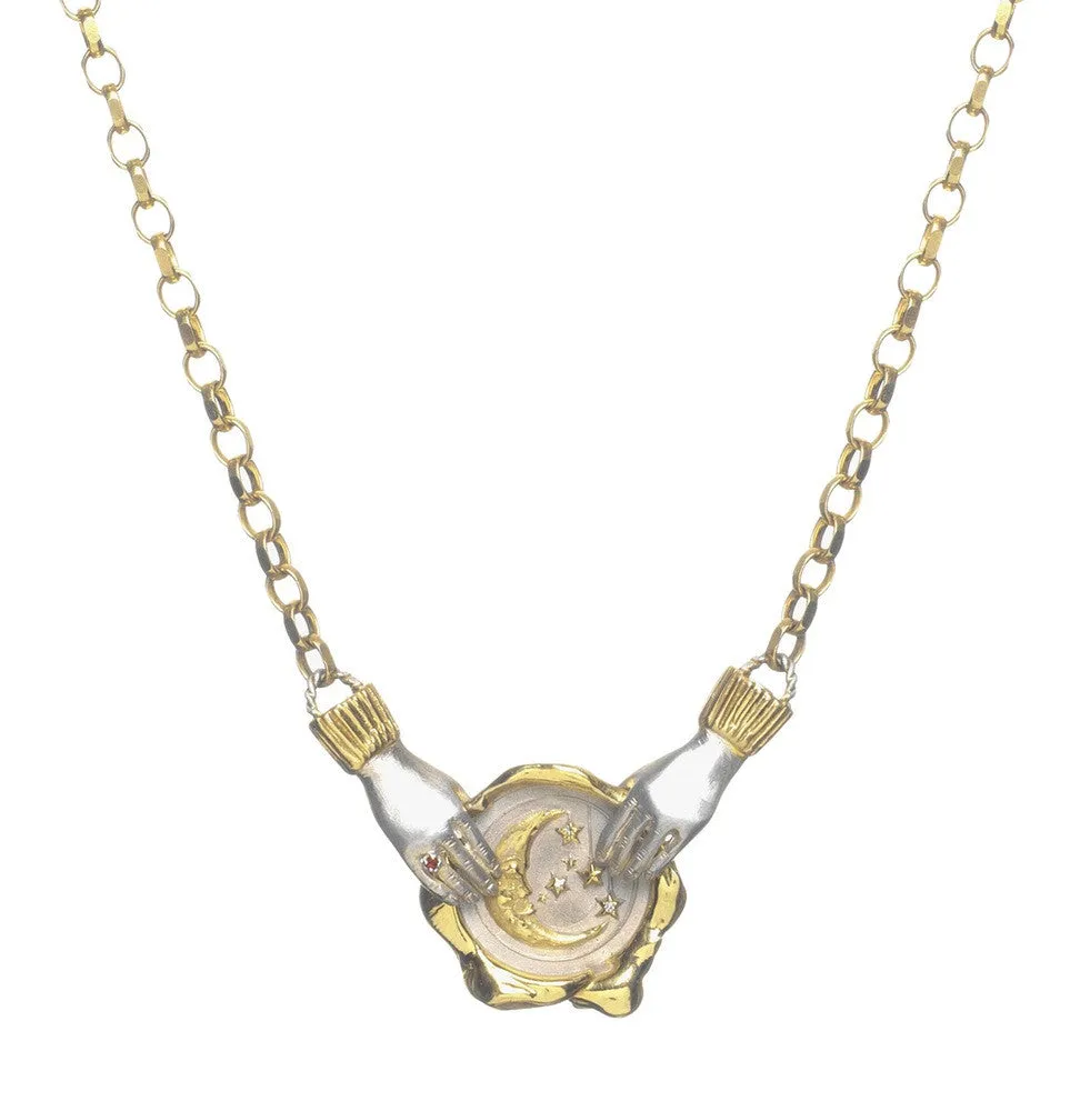 Large Moon Seal Necklace with Dancing Hands