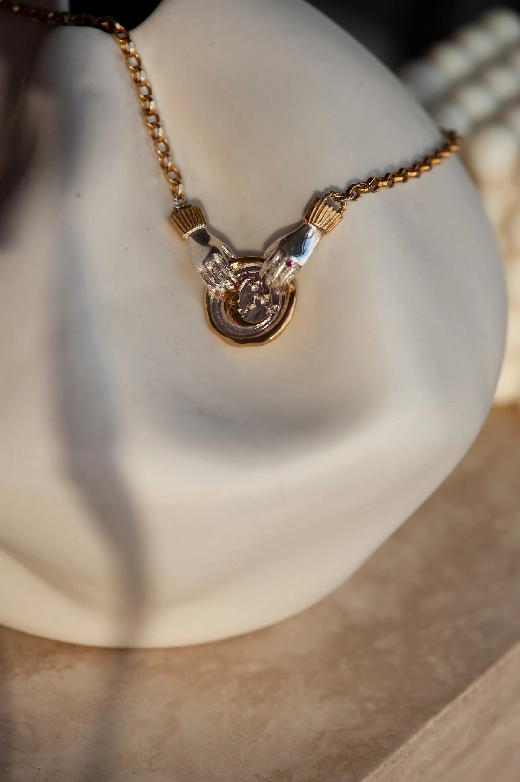 Large Moon Seal Necklace with Dancing Hands