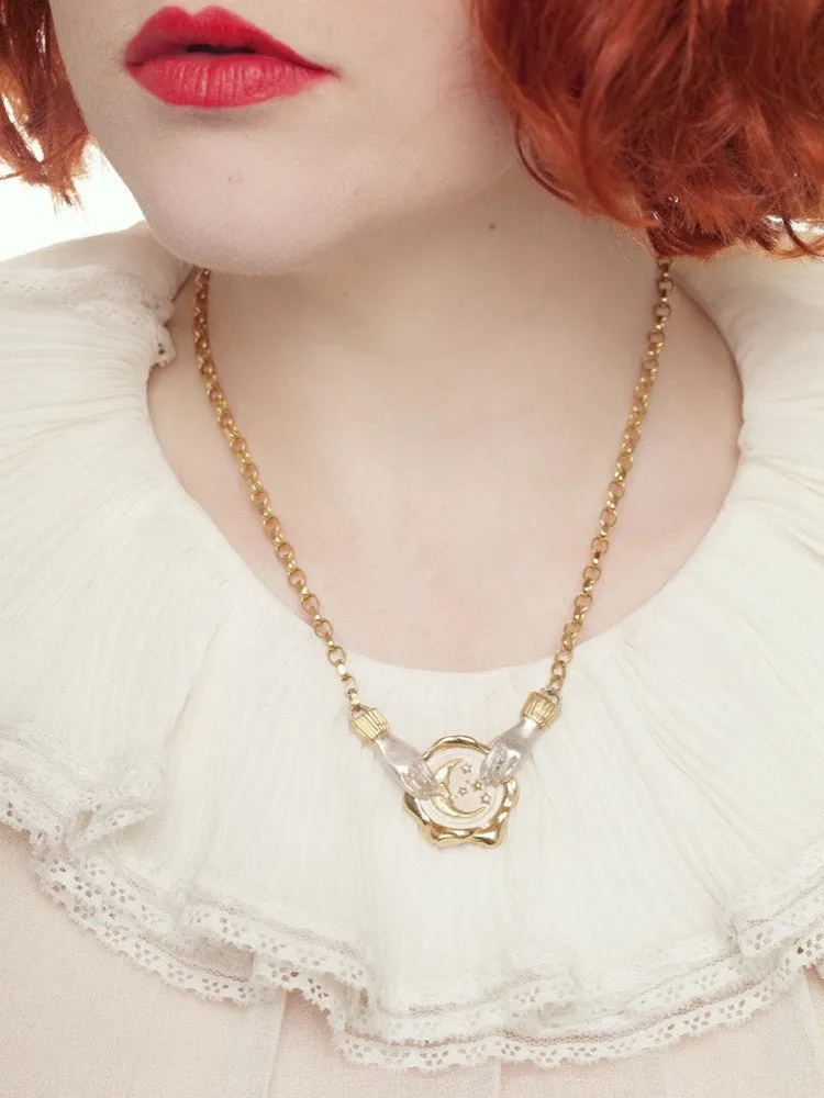 Large Moon Seal Necklace with Dancing Hands