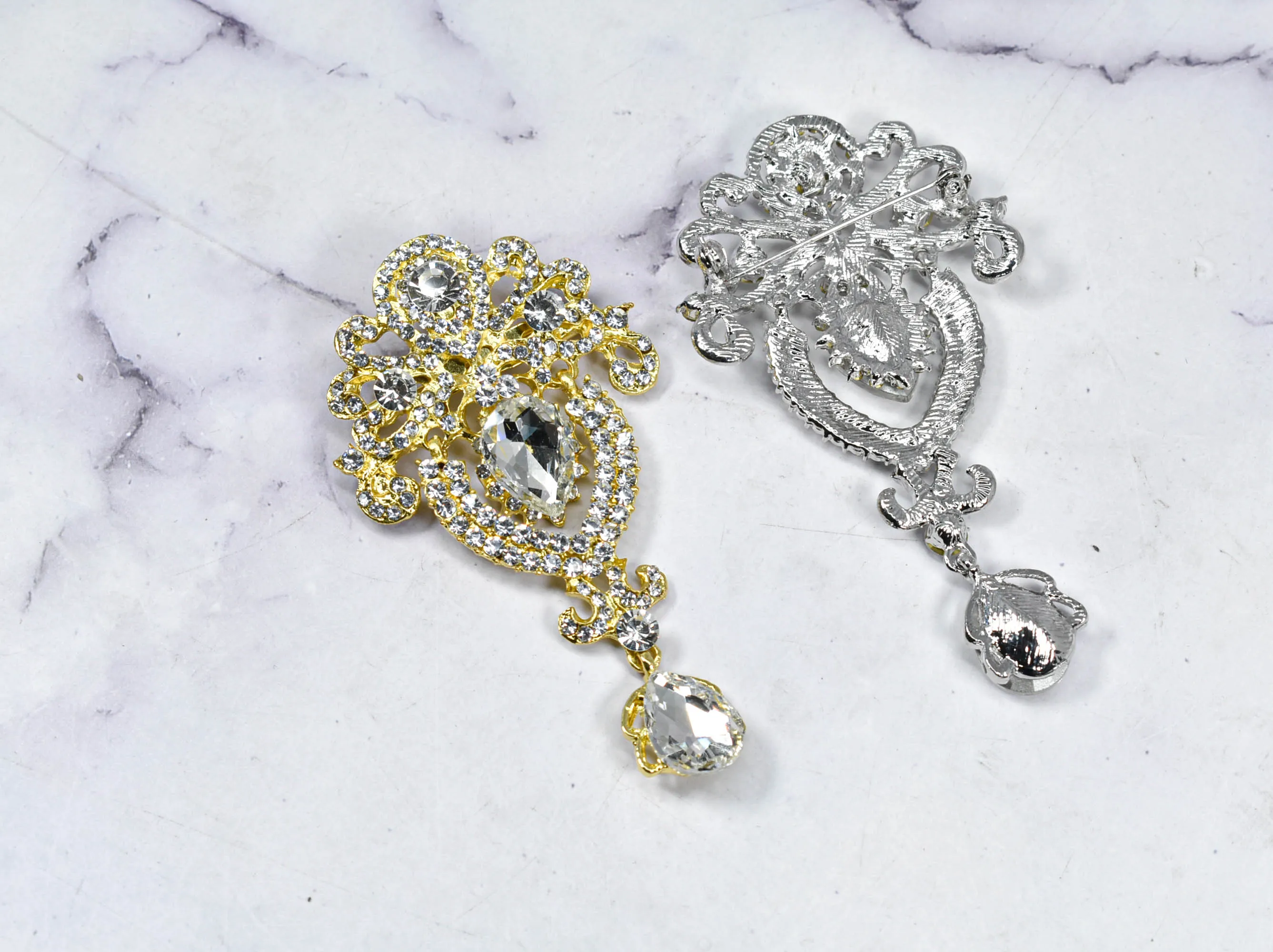 Large Silver Rhinestone Dangling Brooch with Pin | Wedding Bouquet Brooch | Silver Crystal Brooch