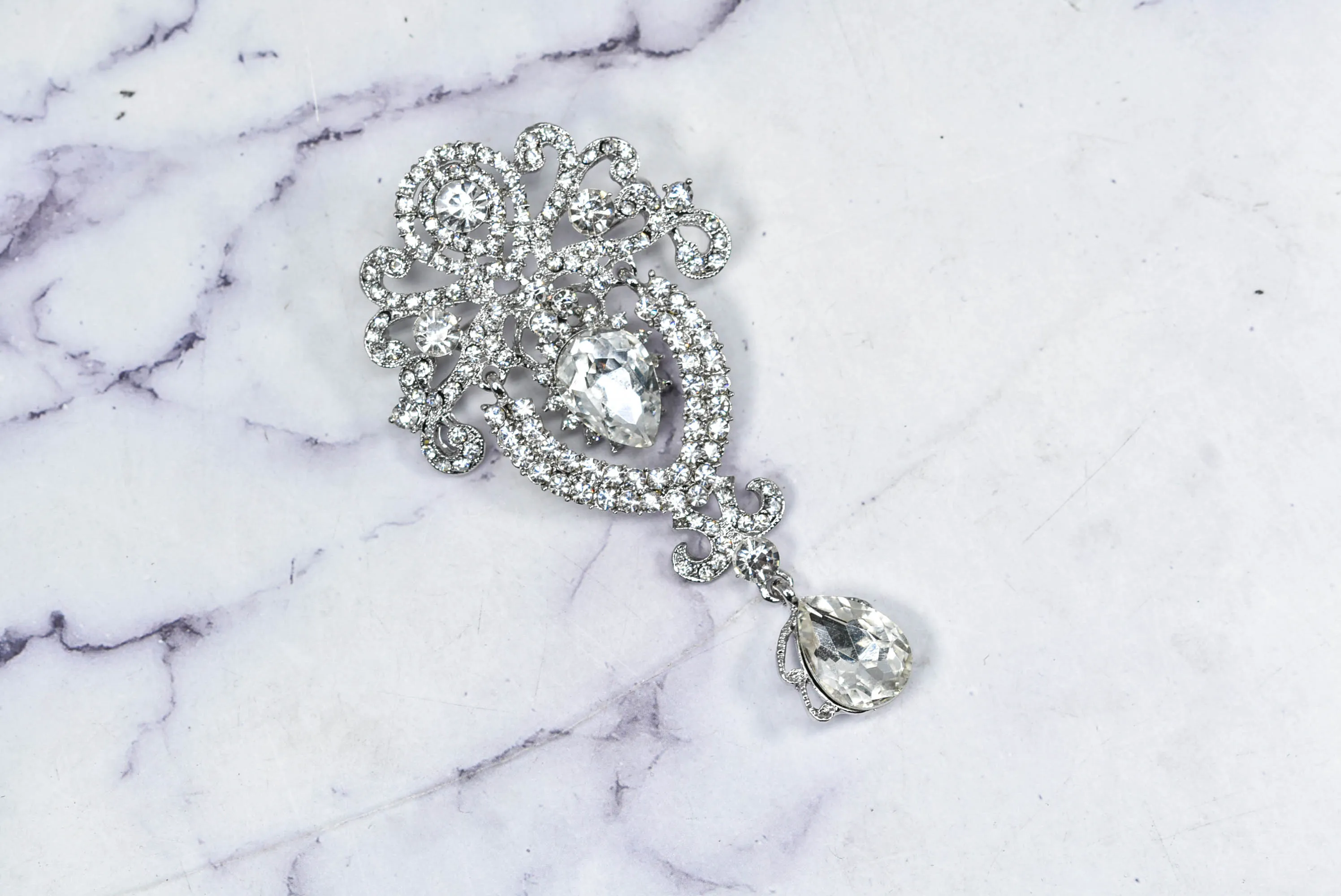 Large Silver Rhinestone Dangling Brooch with Pin | Wedding Bouquet Brooch | Silver Crystal Brooch
