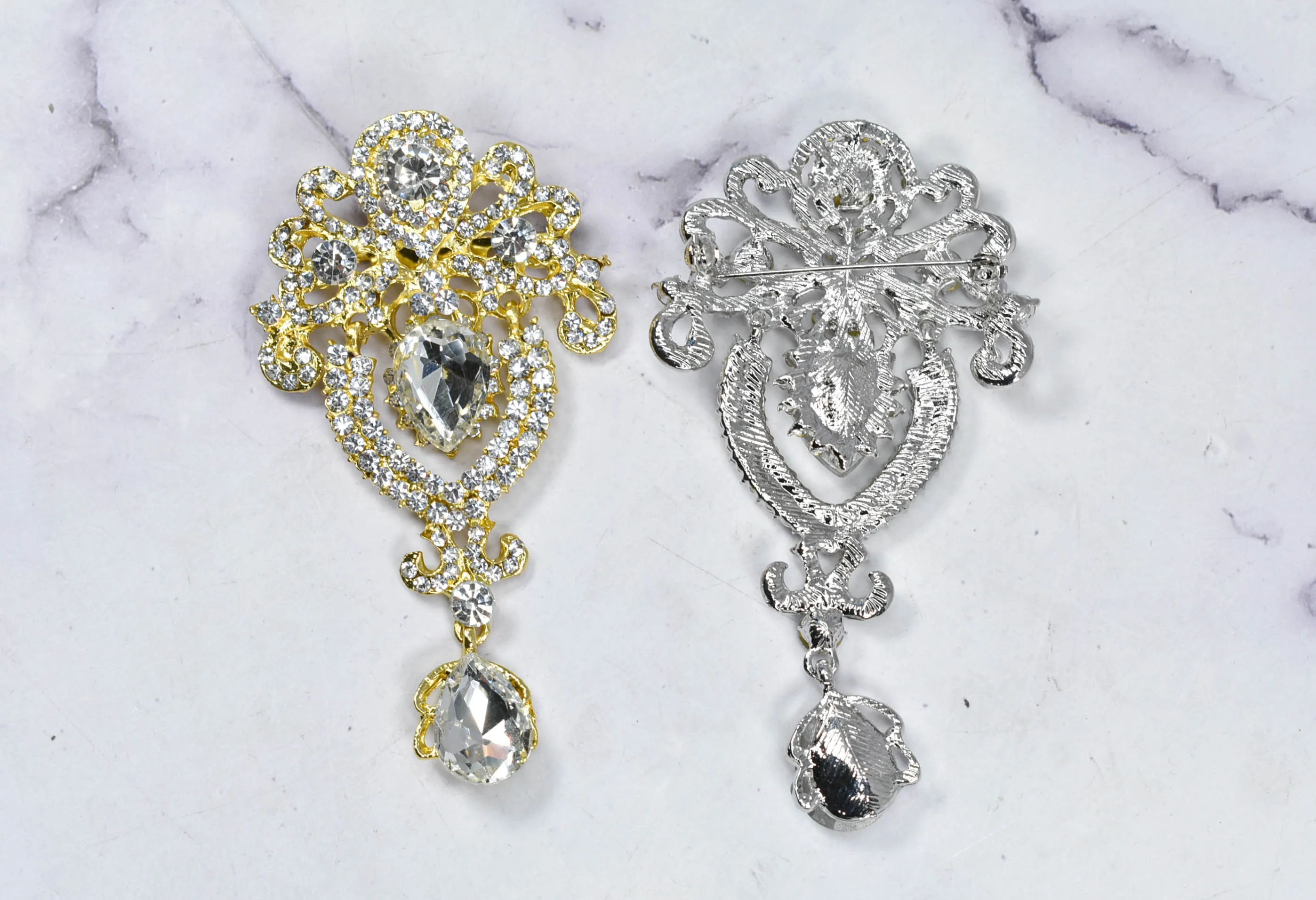 Large Silver Rhinestone Dangling Brooch with Pin | Wedding Bouquet Brooch | Silver Crystal Brooch