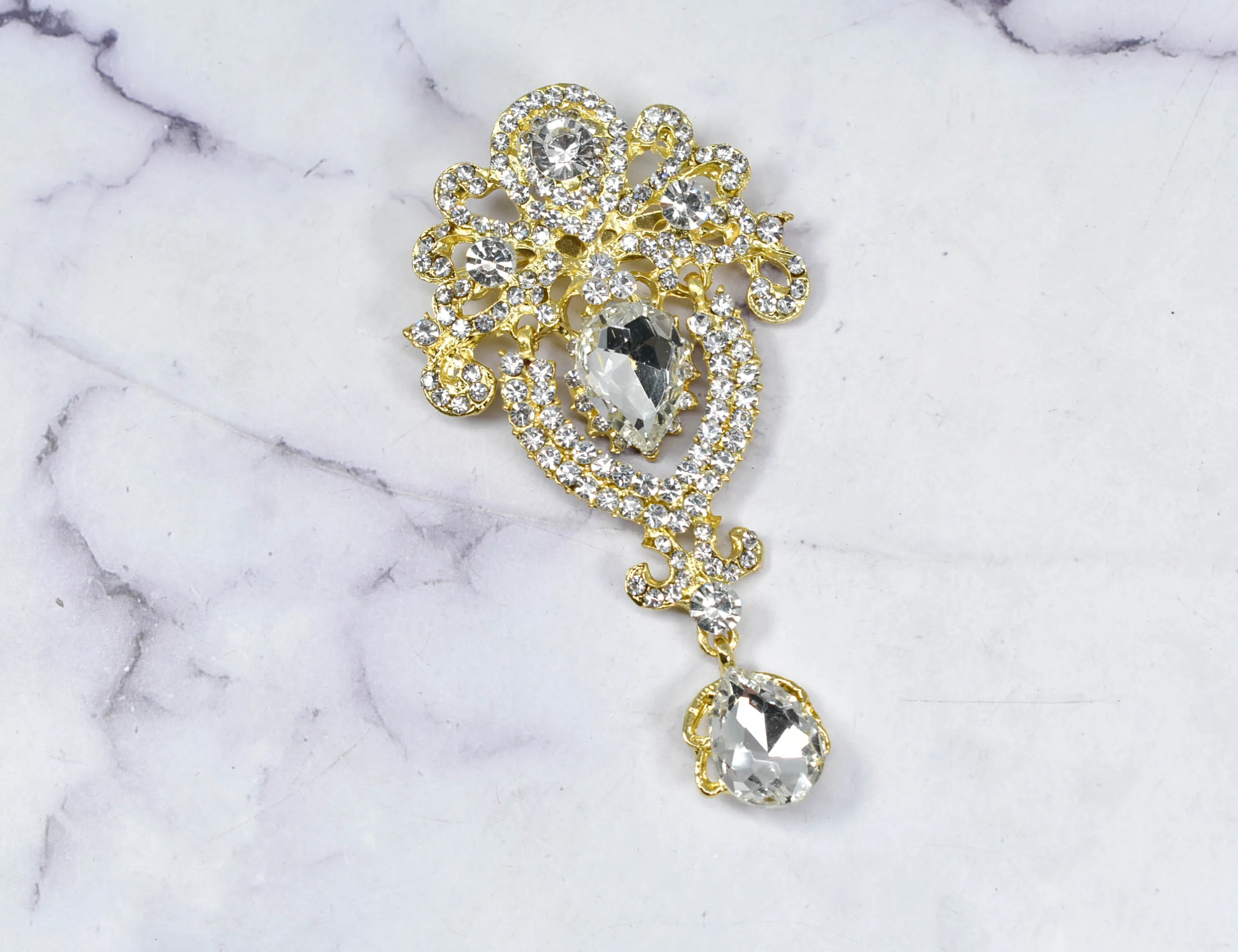 Large Silver Rhinestone Dangling Brooch with Pin | Wedding Bouquet Brooch | Silver Crystal Brooch