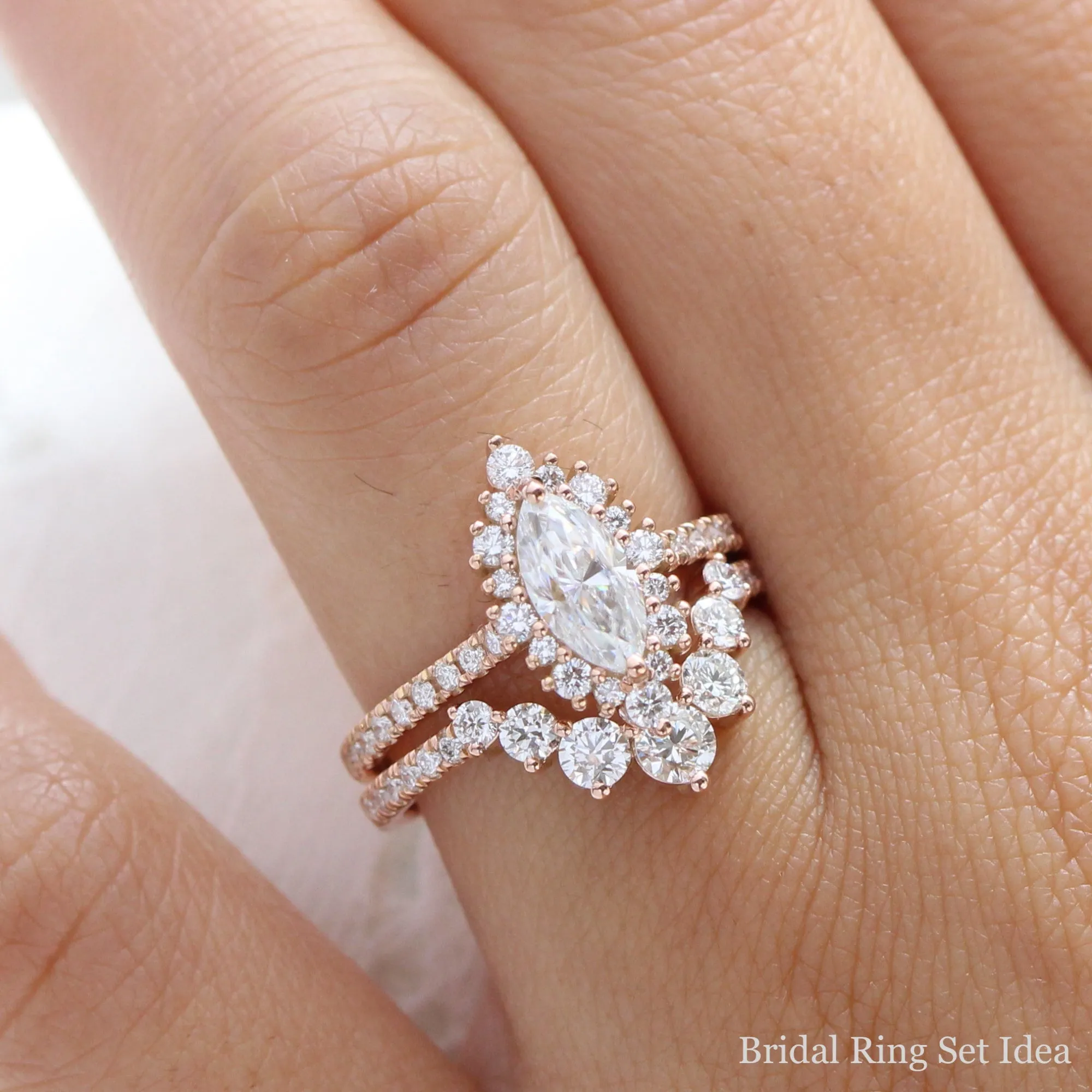Marquise Moissanite Engagement Ring in Tiara Halo Diamond Pave Band