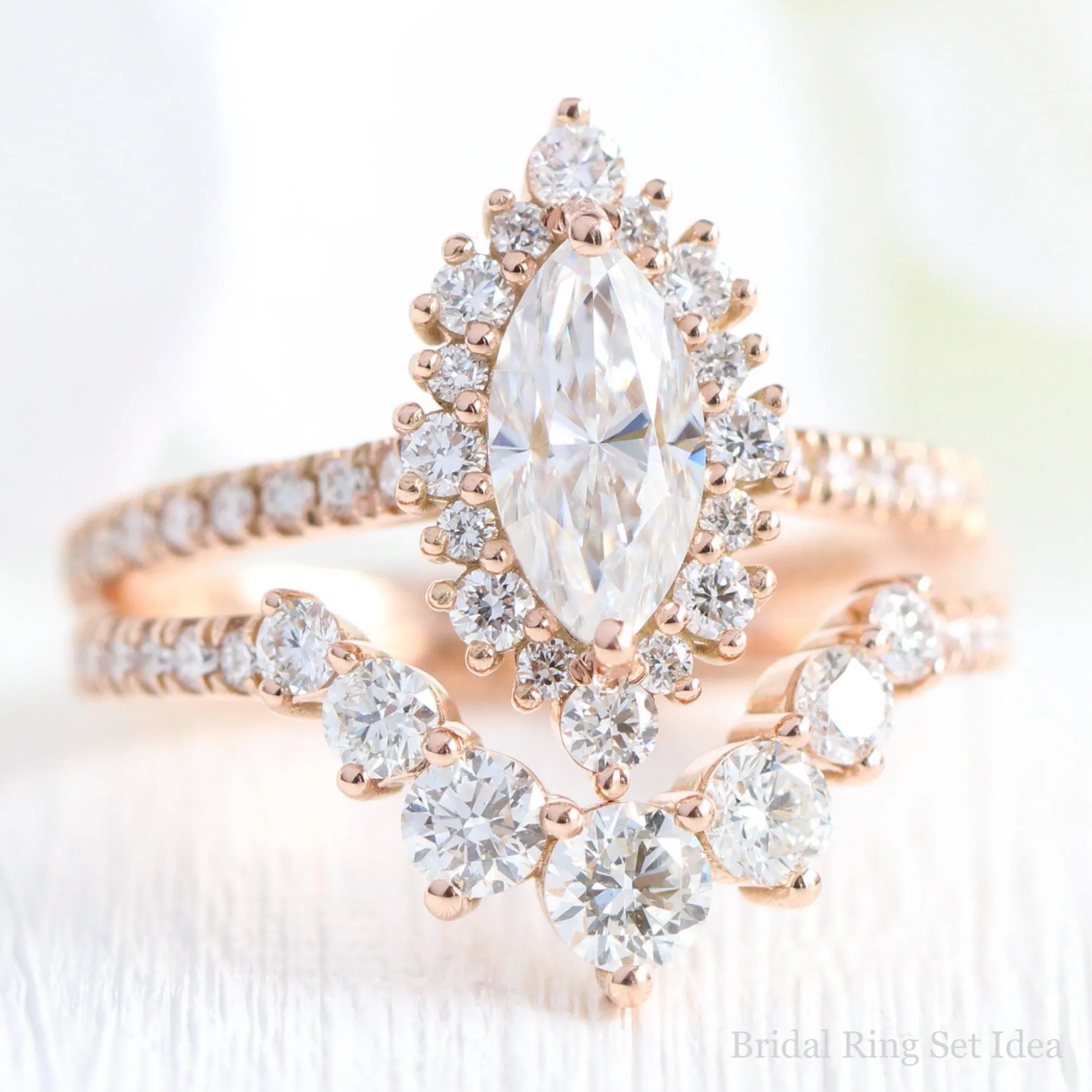Marquise Moissanite Engagement Ring in Tiara Halo Diamond Pave Band
