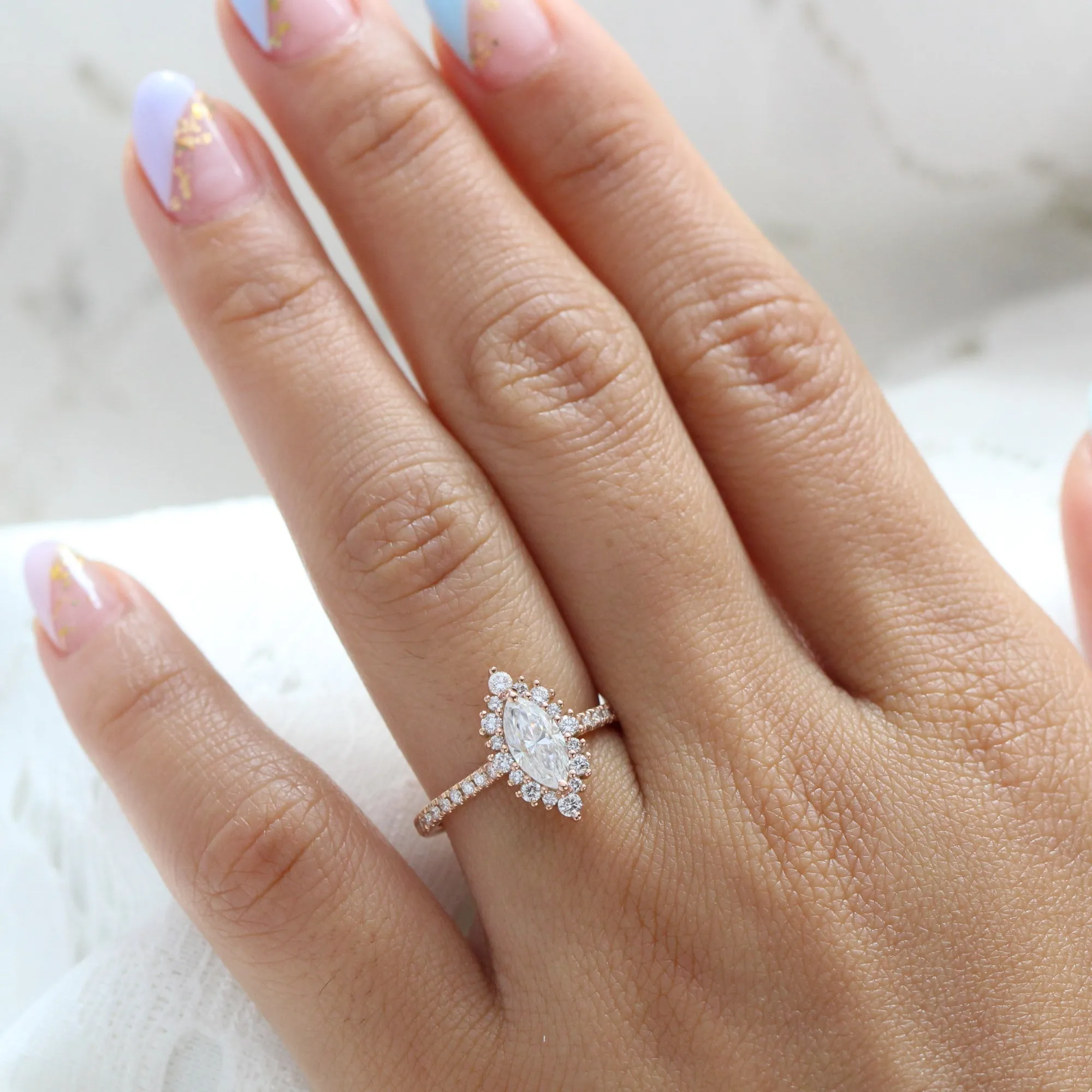 Marquise Moissanite Engagement Ring in Tiara Halo Diamond Pave Band