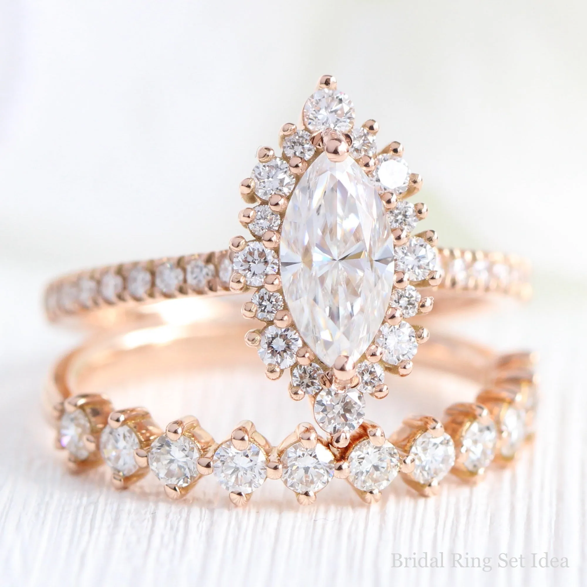 Marquise Moissanite Engagement Ring in Tiara Halo Diamond Pave Band