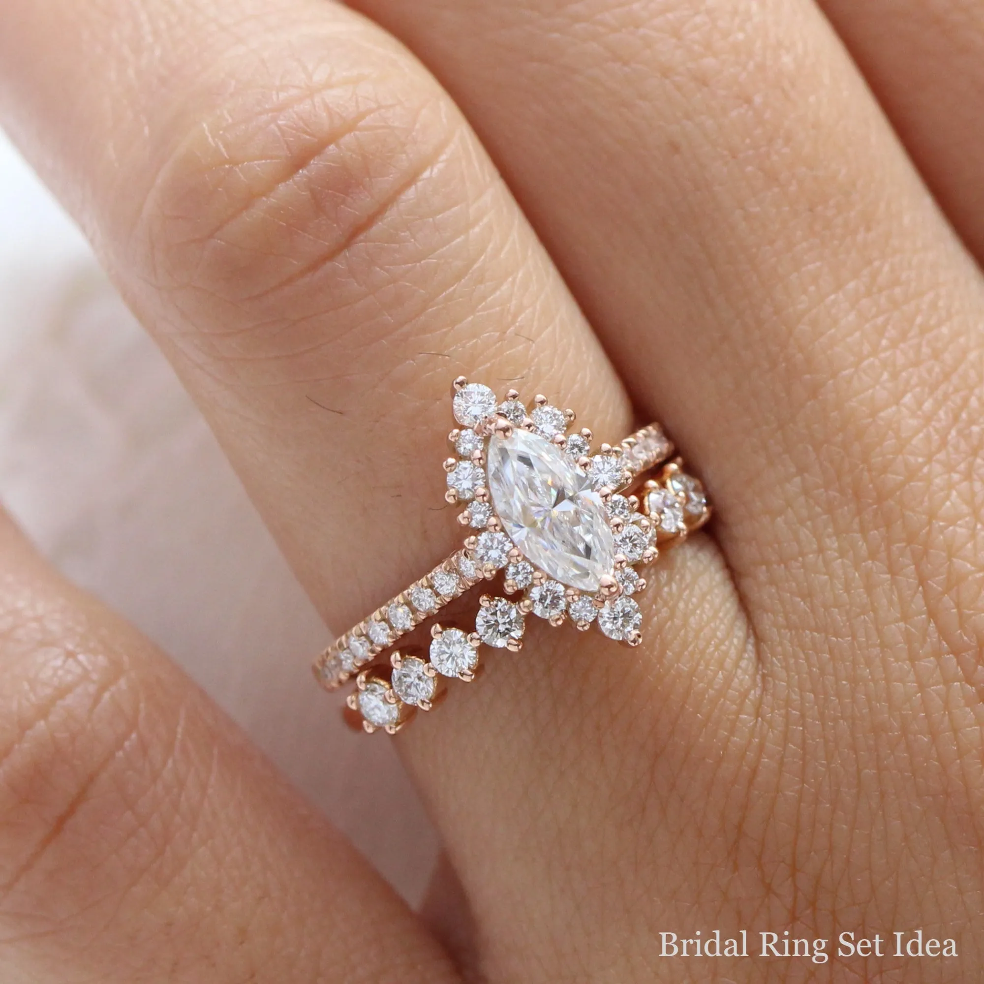 Marquise Moissanite Engagement Ring in Tiara Halo Diamond Pave Band