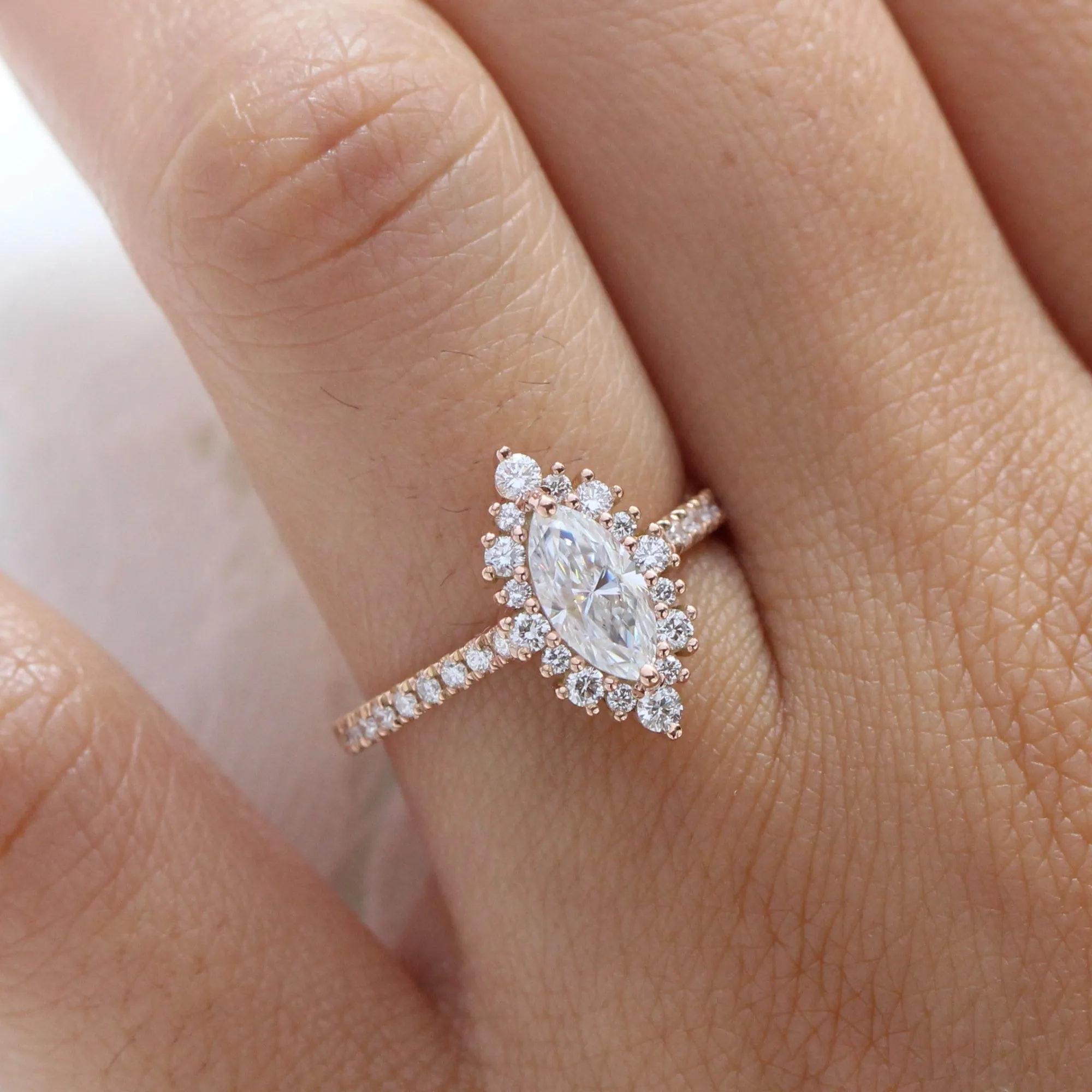 Marquise Moissanite Engagement Ring in Tiara Halo Diamond Pave Band