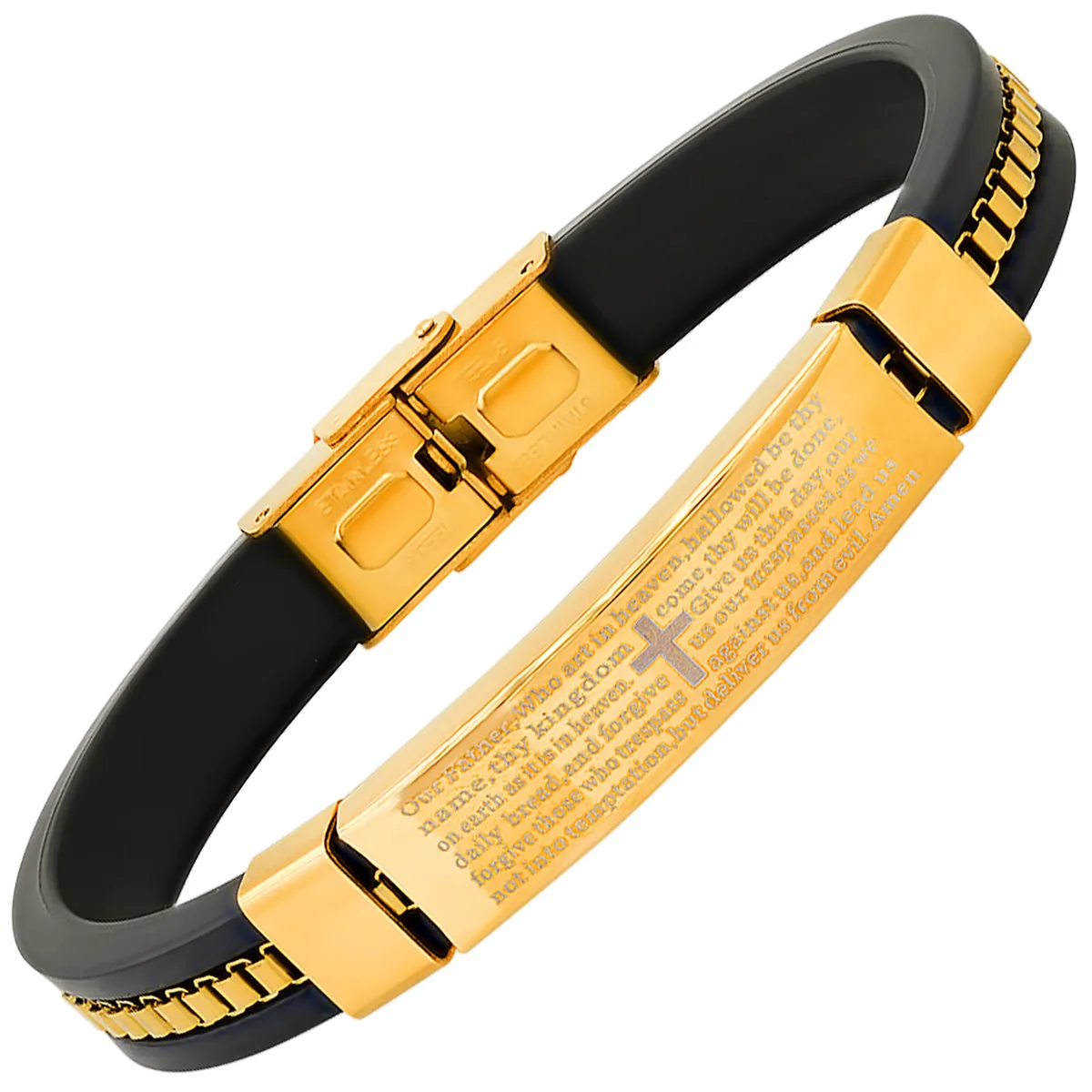 Men's Black Rubber and Stainless Steel Box Inlay Chain Our Father Prayer Bracelet