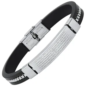 Men's Black Rubber and Stainless Steel Box Inlay Chain Our Father Prayer Bracelet