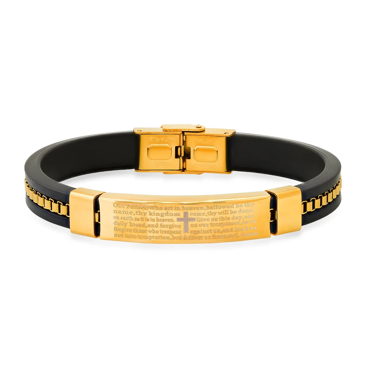 Men's Black Rubber and Stainless Steel Box Inlay Chain Our Father Prayer Bracelet