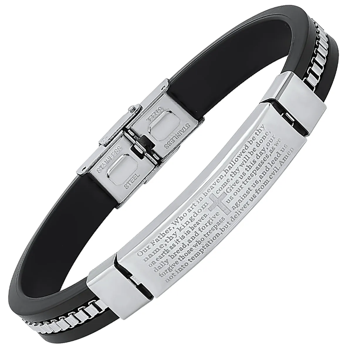 Men's Black Rubber and Stainless Steel Box Inlay Chain Our Father Prayer Bracelet